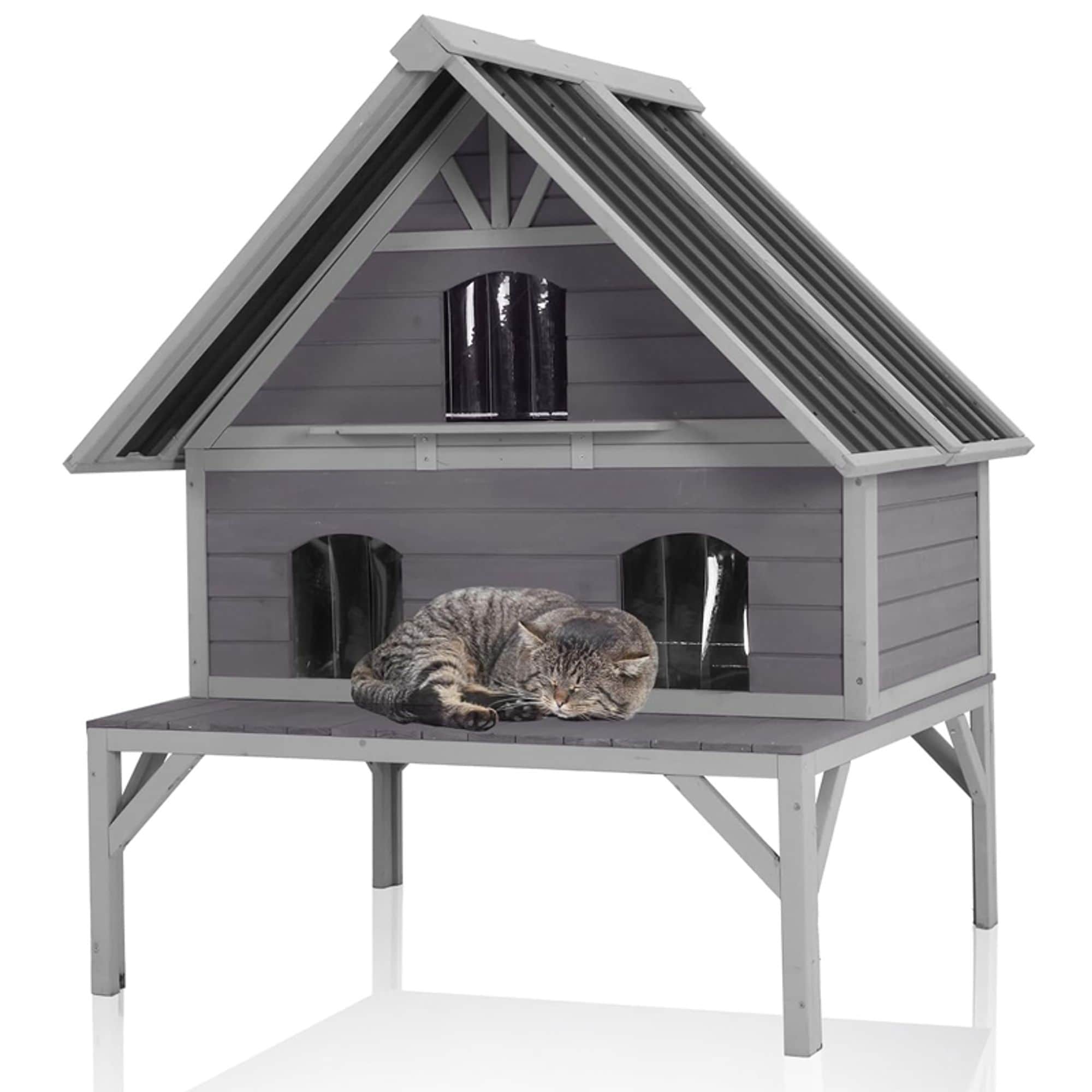 Aivituvin Wooden Outdoor Cat House with Waterproof Cat Shelter in Gray | AIR7034