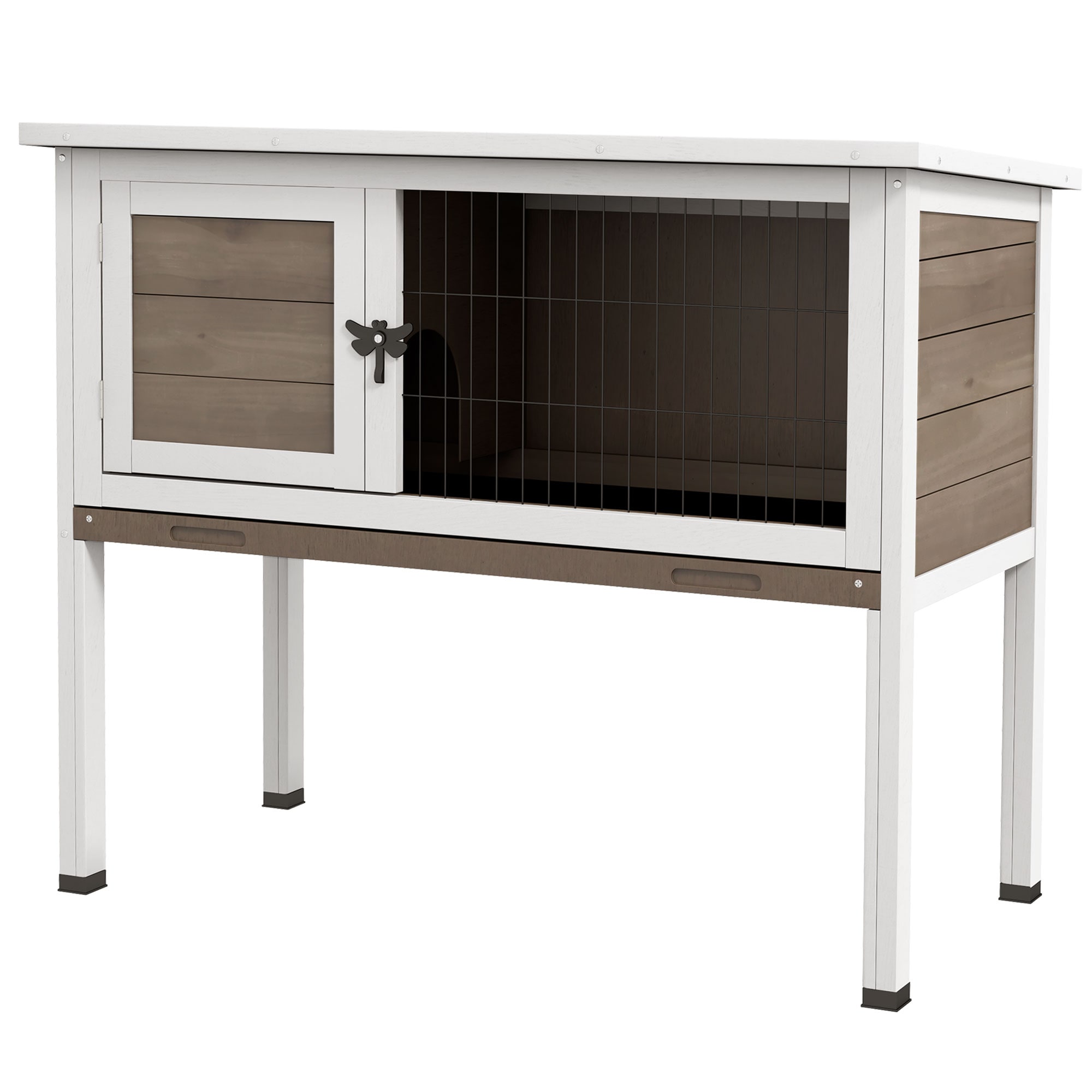 PawHut D51-119V00BN Elevated Wooden Rabbit Hutch Indoor/Outdoor Bunny Cage with Hinged Asphalt Roof and Removable Tray for Single Dwarf or Guinea Pig Brown