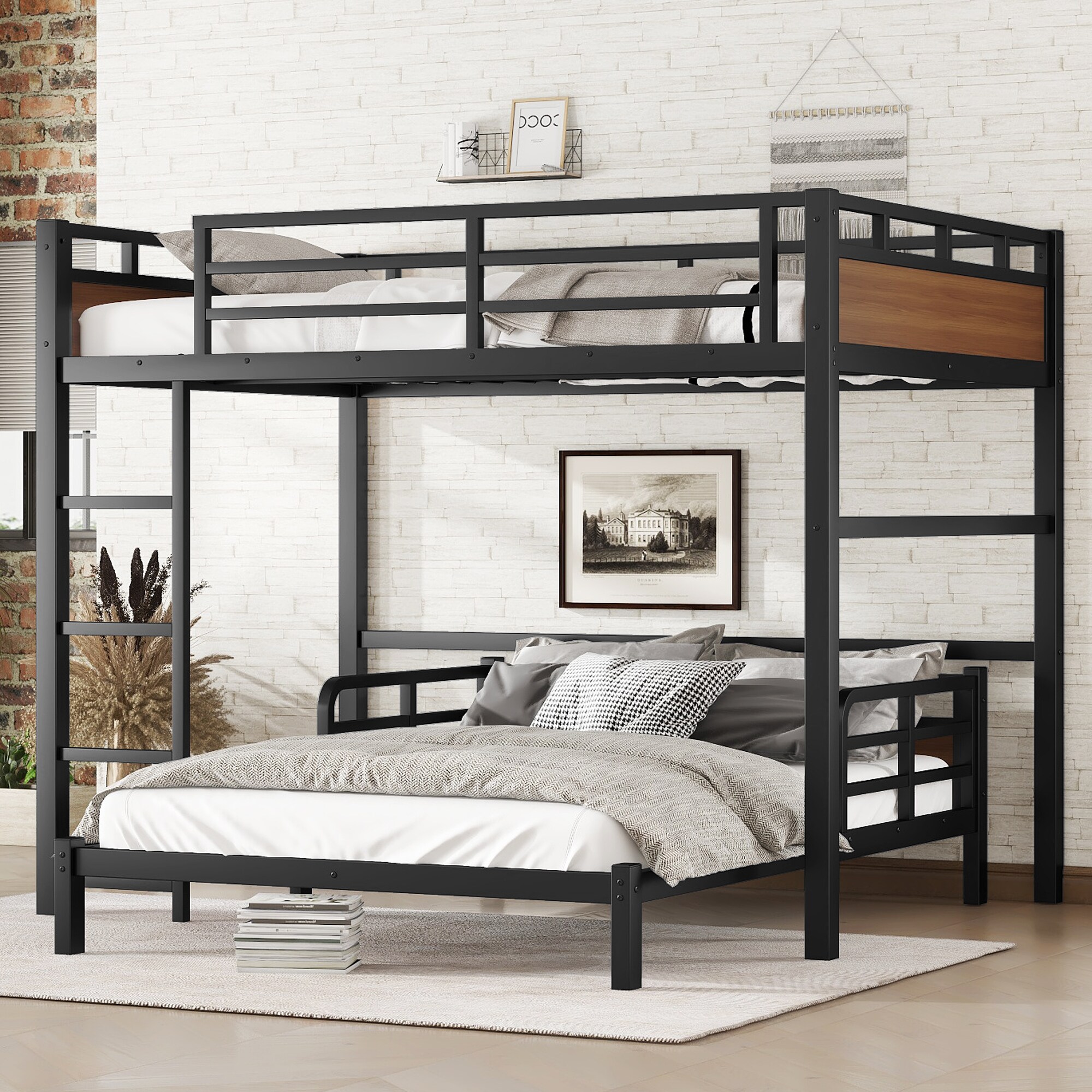 Dimakai Walnut Full XL over Full XL Metal Bunk Bed Separable Loft Bed with Raised Security Fence