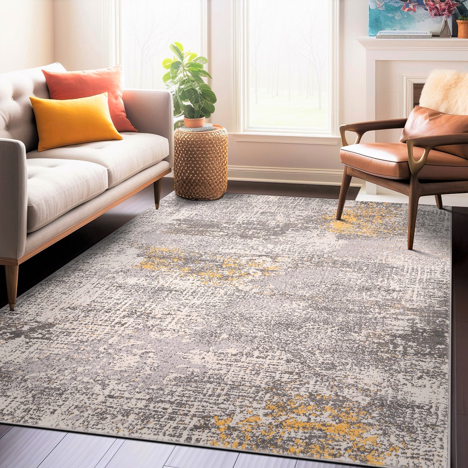 World Rug Gallery 4050YELLOW5X7 5 x 7 (ft) Loomed Polypropylene Yellow Rectangular Indoor Abstract Vintage Area rug