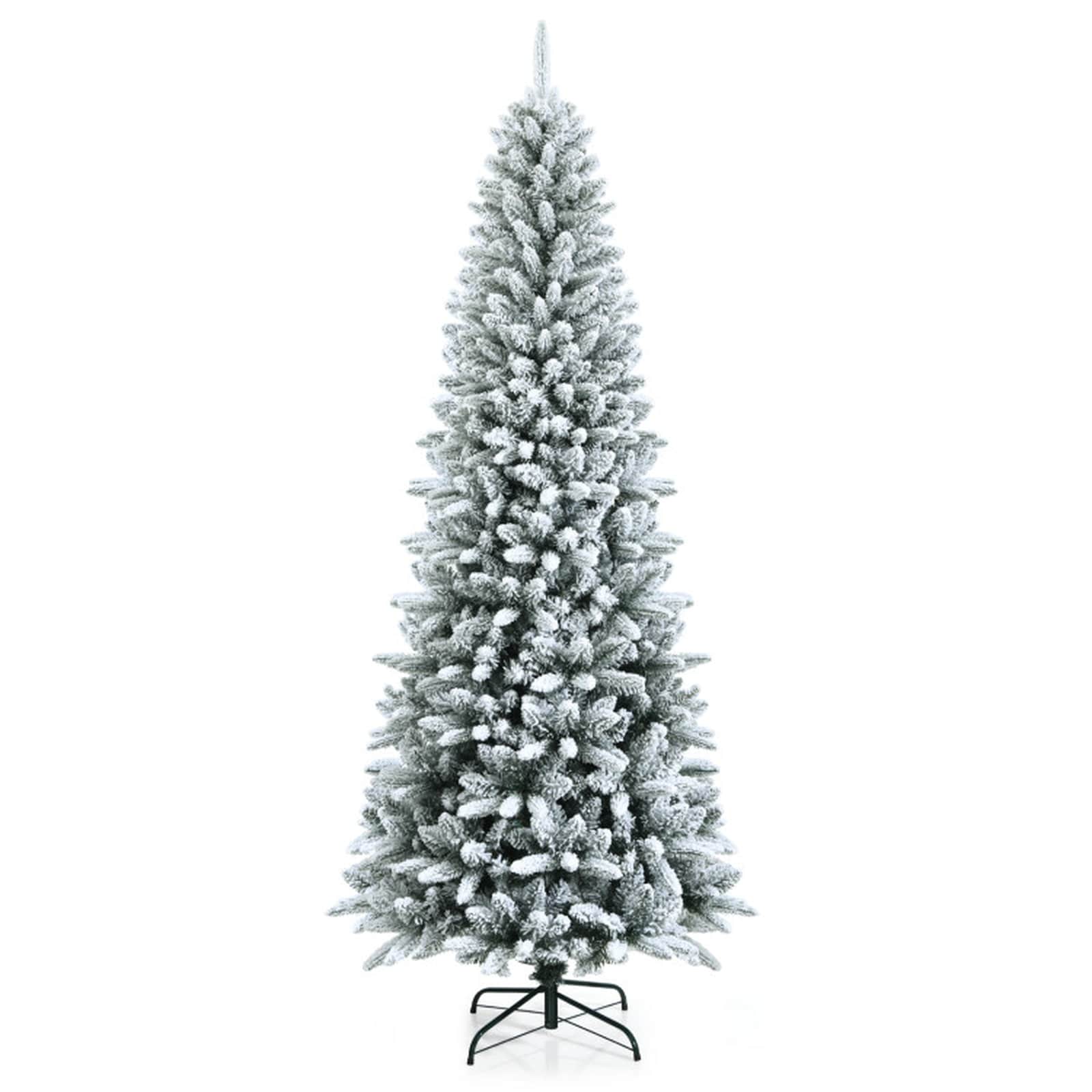 SUGIFT 7.5-ft Snow-Flocked Hinged Artificial Christmas Pencil Tree 1189 Mixed Tips PVC PE Foliage 3-Section Slim Profile with Metal Stand - White