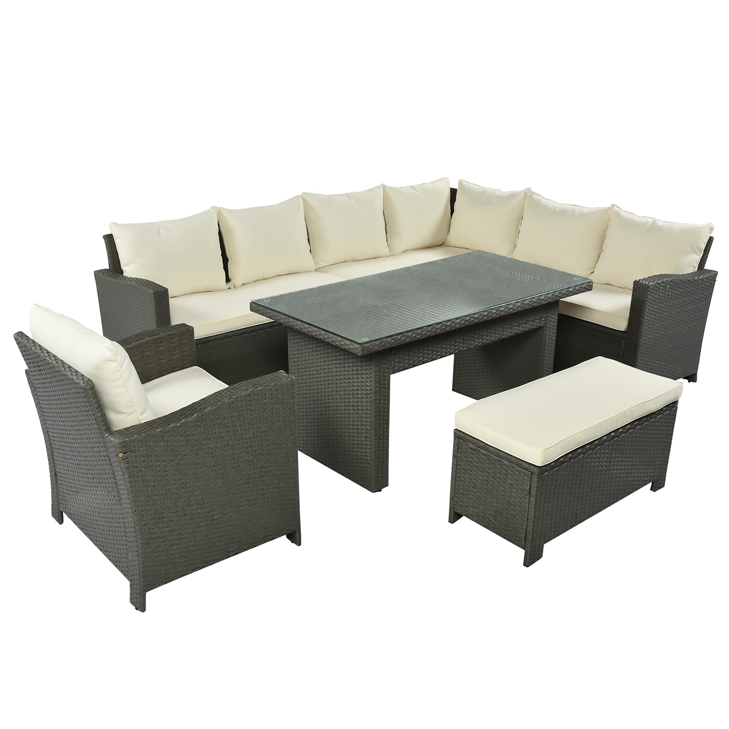 SINOFURN SYA020123BG 6 -Piece Brown Rattan Patio Dining Set Rattan Rectangle Table with 1 Tan Cushions Stationary Chairs