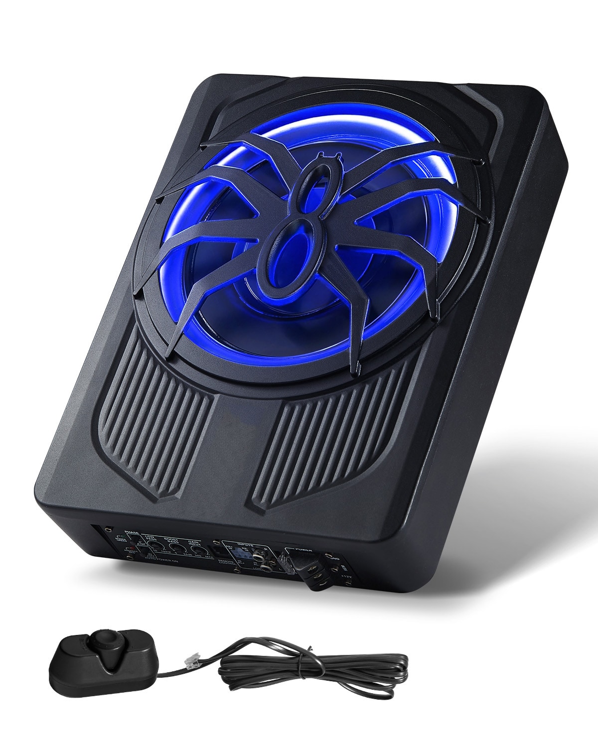 GIVIMO 10-in 440W Slim Underseat Car Subwoofer with 220W RMS Powered Sub featuring Built-in Amplifier and Blue Ambient Light for SUV Truck