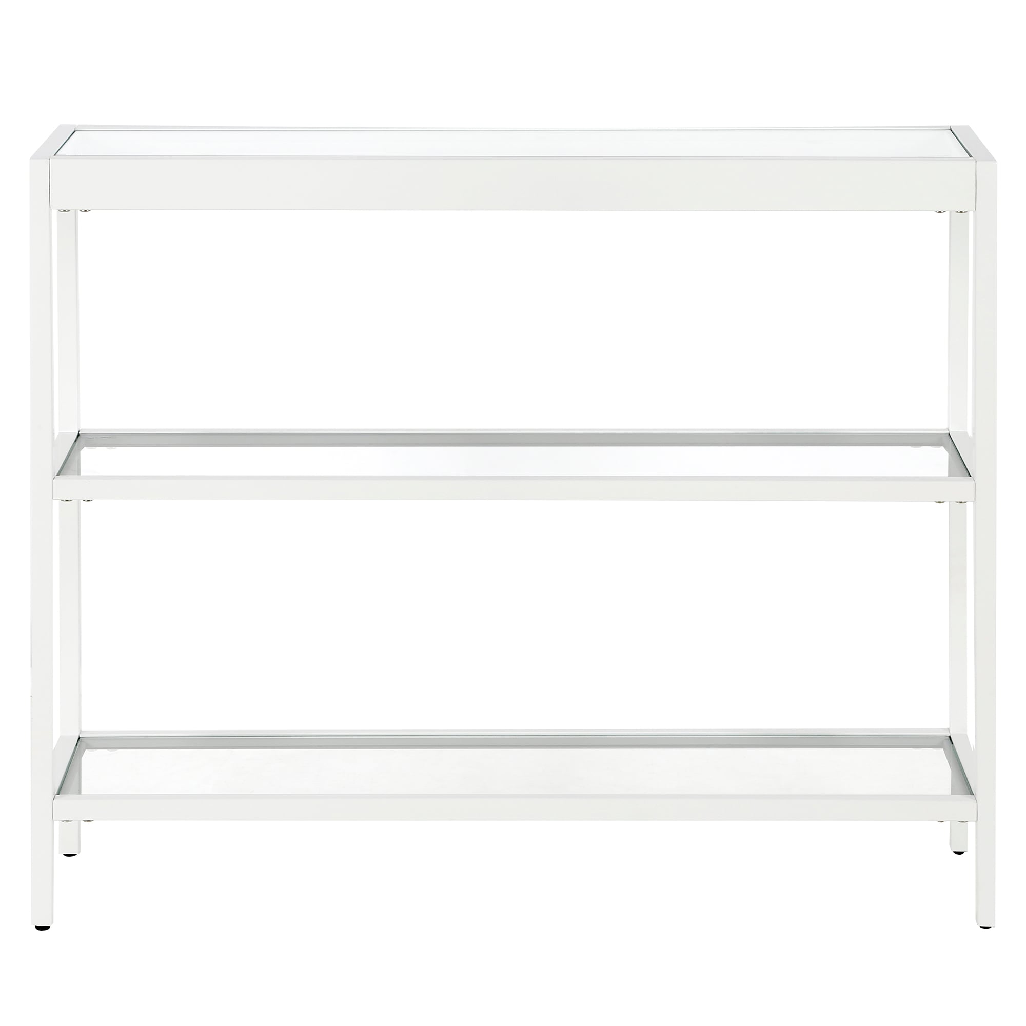 Streamlined White Metallic 36" Console Table with Tempered Glass Shelves