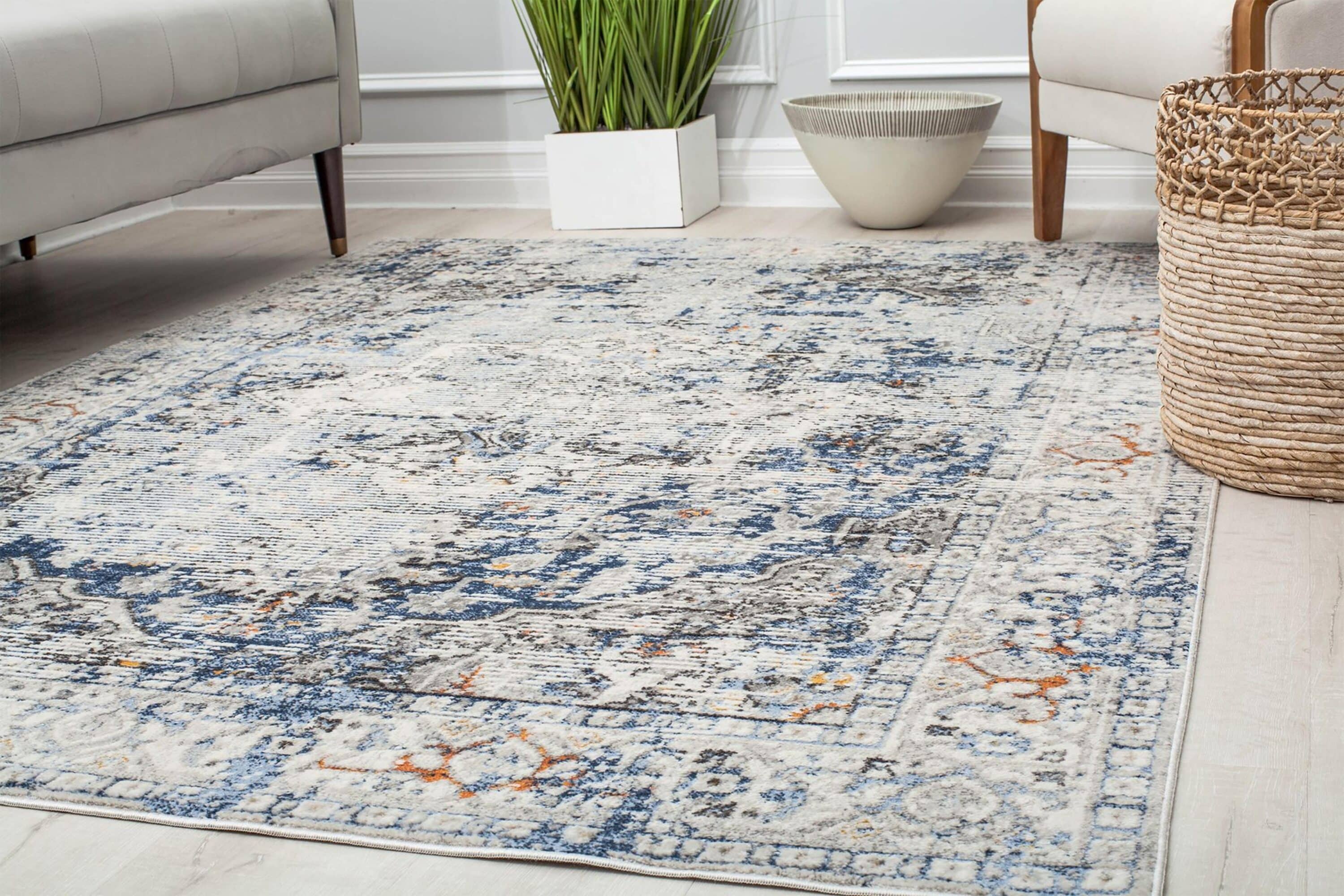 Blue and Gray Vintage Floral Rectangular Area Rug, 8' x 10'