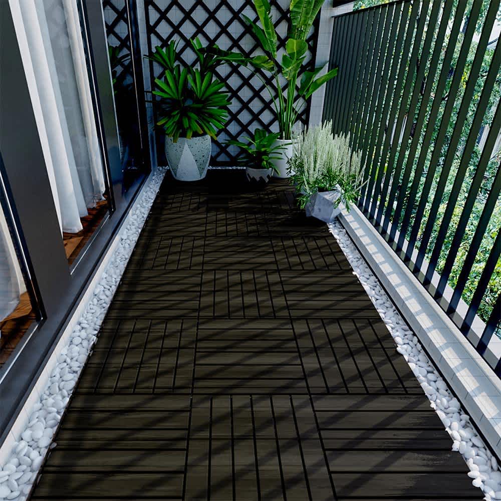 JUJABU Dark Brown 12Inch x 12Inch 10 PCS Deck Tiles Striped Pattern Square Outdoor Flooring for Patio #DECKTILE-3