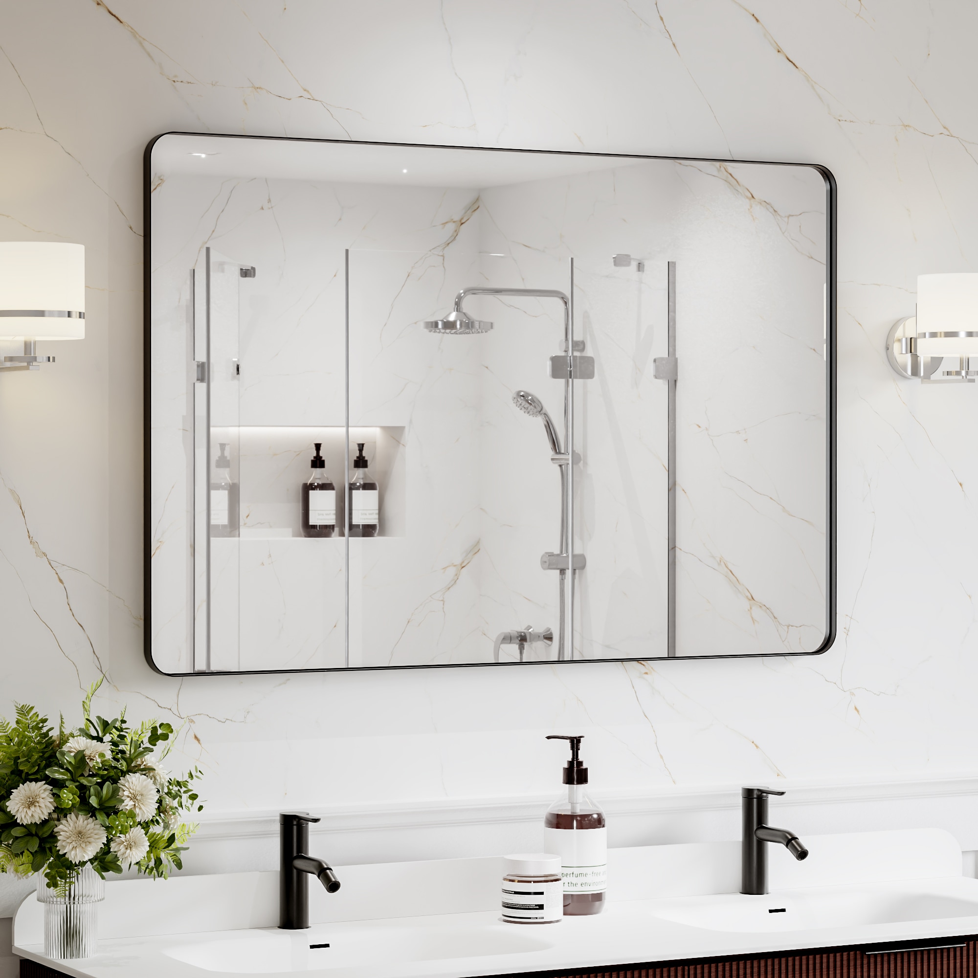 CASAINC 48-in W x 32-in H Bathroom Mirrors Wall Mirror Rectangle Matte Black
