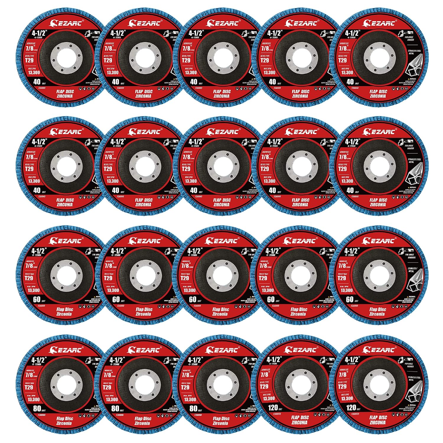 EZARC  Zirconia Flap Discs 40/60/80/120 Grit 4-1/2 x 7/8-Inch Type 29 20-Pack