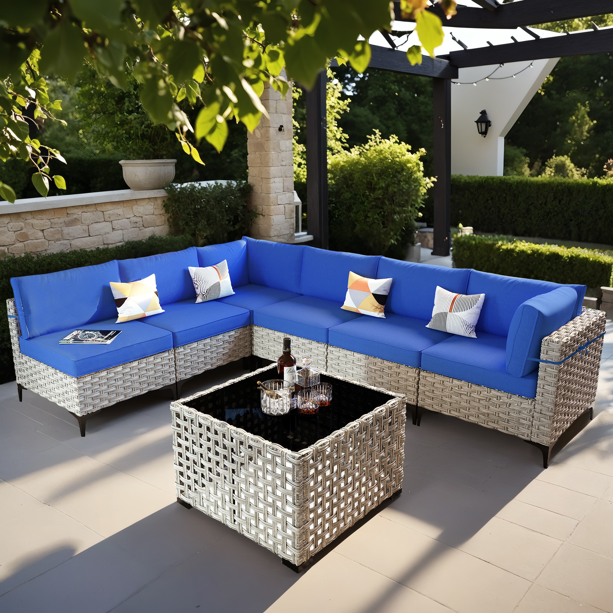XIZZI XISKT703 Amber Rattan Outdoor Sectional with Navy Cushions and Steel Frame