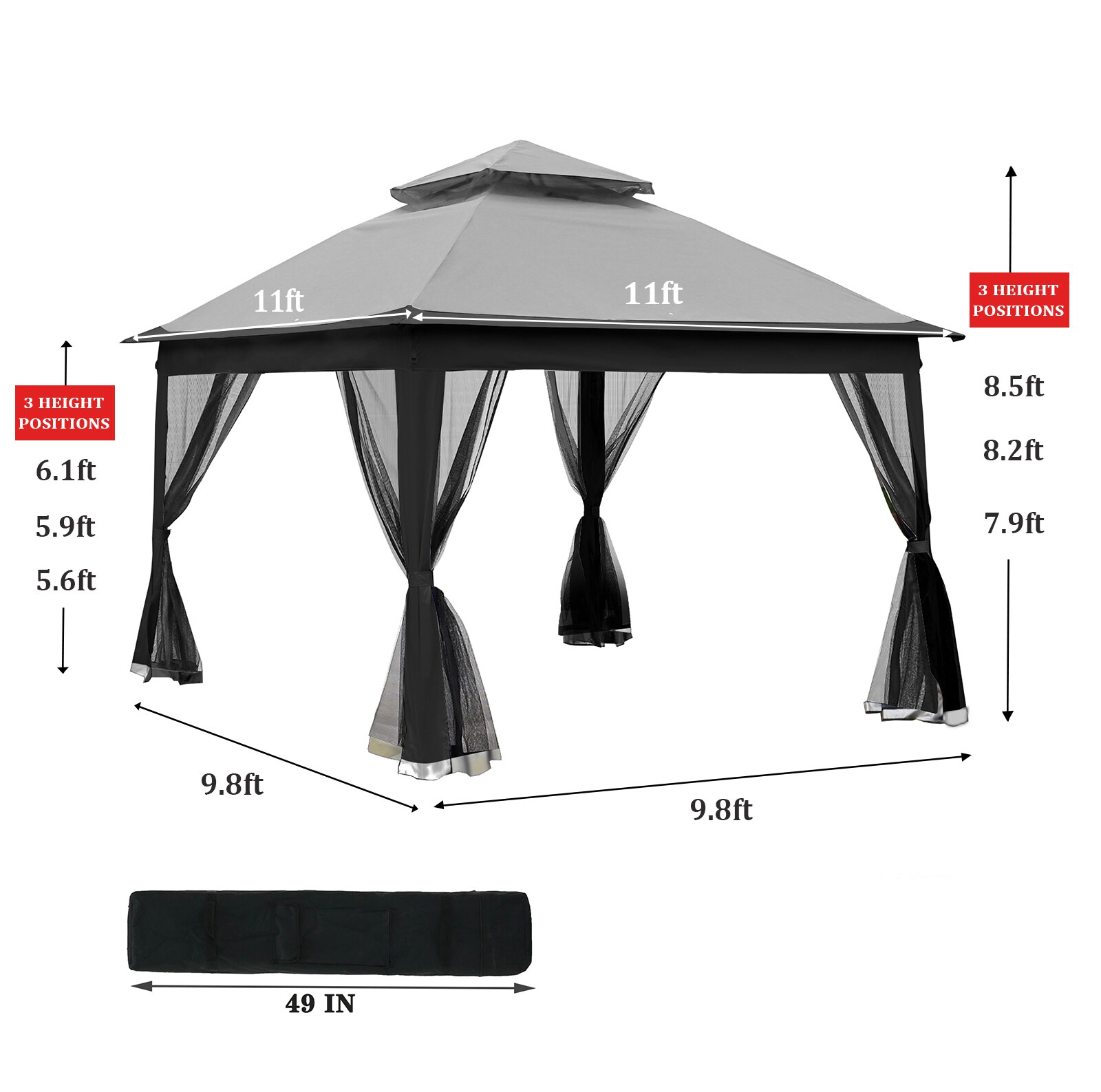 Forclover 11-ft x 11-ft Rectangle Black and Grey Standard Canopy in the ...