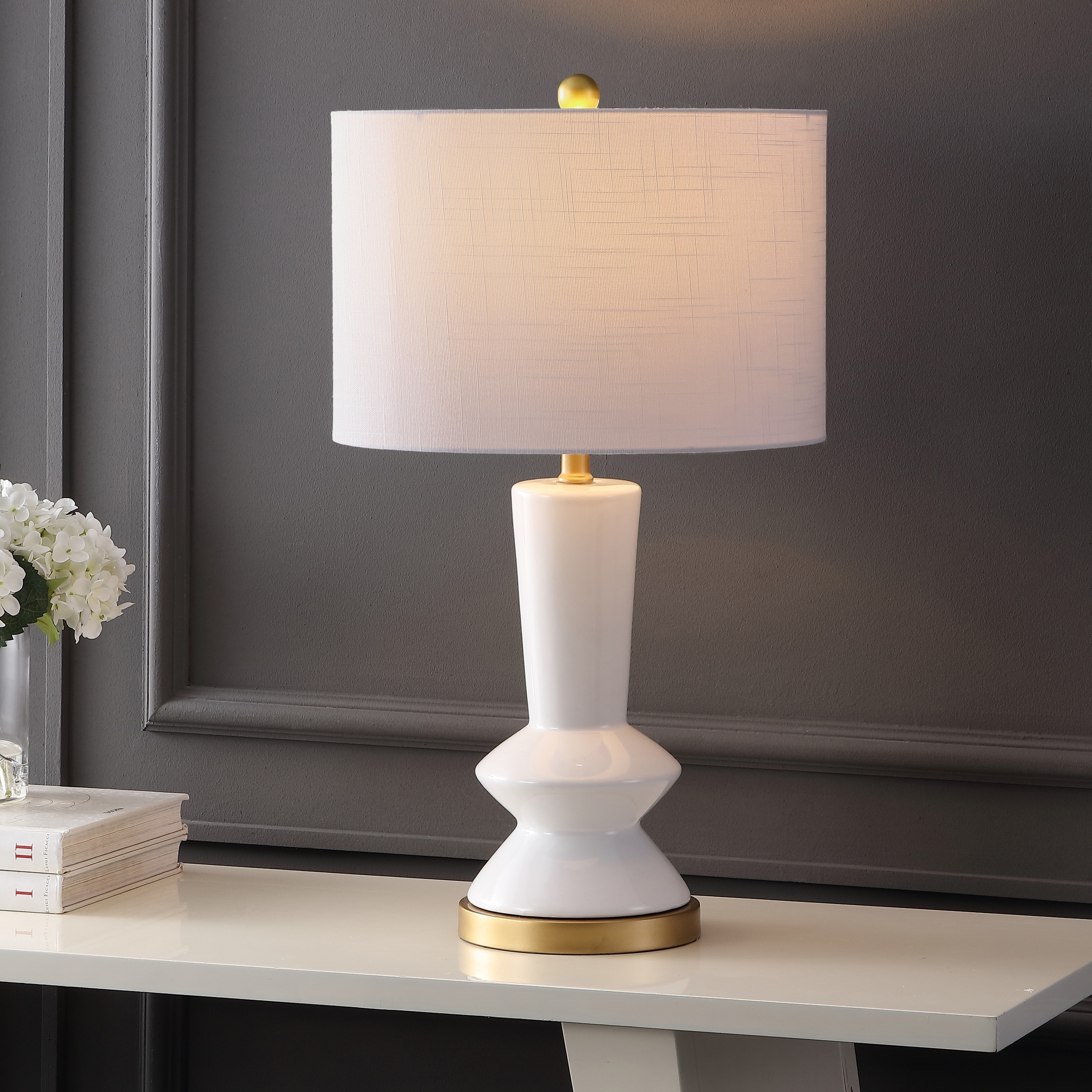 JONATHAN  Y JYL6607A Ziggy Ceramic/Iron Glam Transitional 27-in White/Brass Gold LED Incandescent On/Off switch Table Lamp with Linen Shade