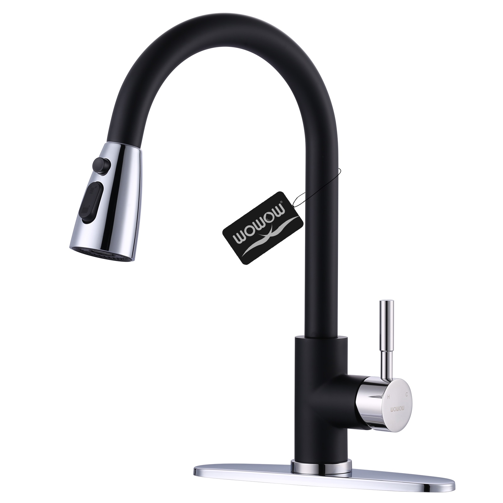 WOWOW 2310301CB-LW pull down kitchen faucet Black Chrome Single Handle Deck-mount Pull-down Kitchen Faucet with Sprayer ( Deck Plate Included )
