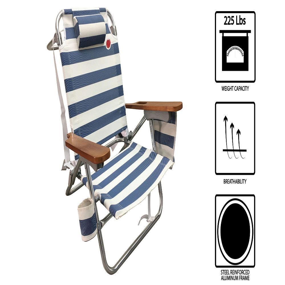 Blue and White Striped Aluminum Beach Lounger with Wooden Arms