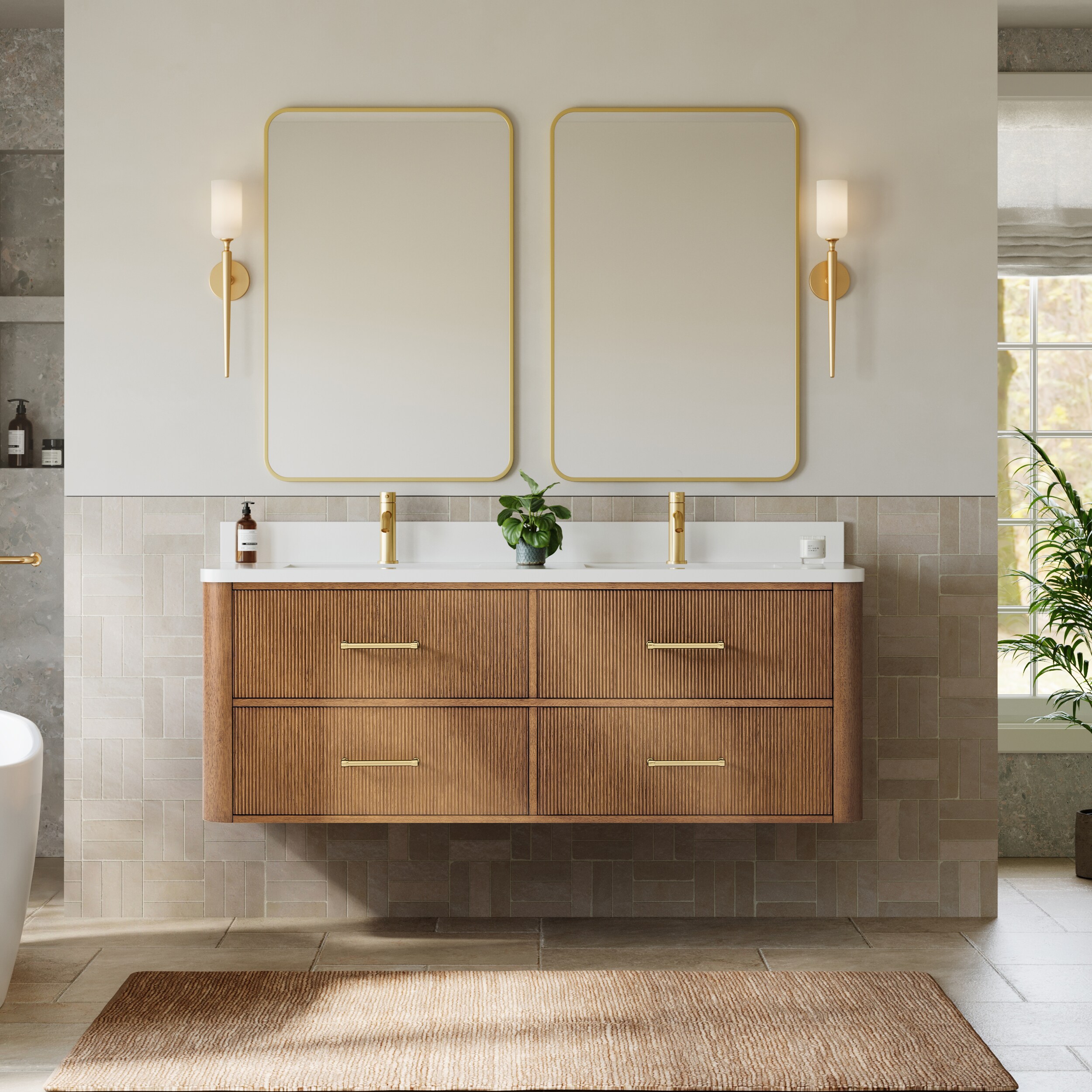 Wyndham Collection Francesca WM 60 Inch Double Wall Mounted Bathroom Vanity in Toasted Walnut, Rounded White Quartz Countertop, Undermount Square Sinks (1-Hole), Satin Bronze Trim