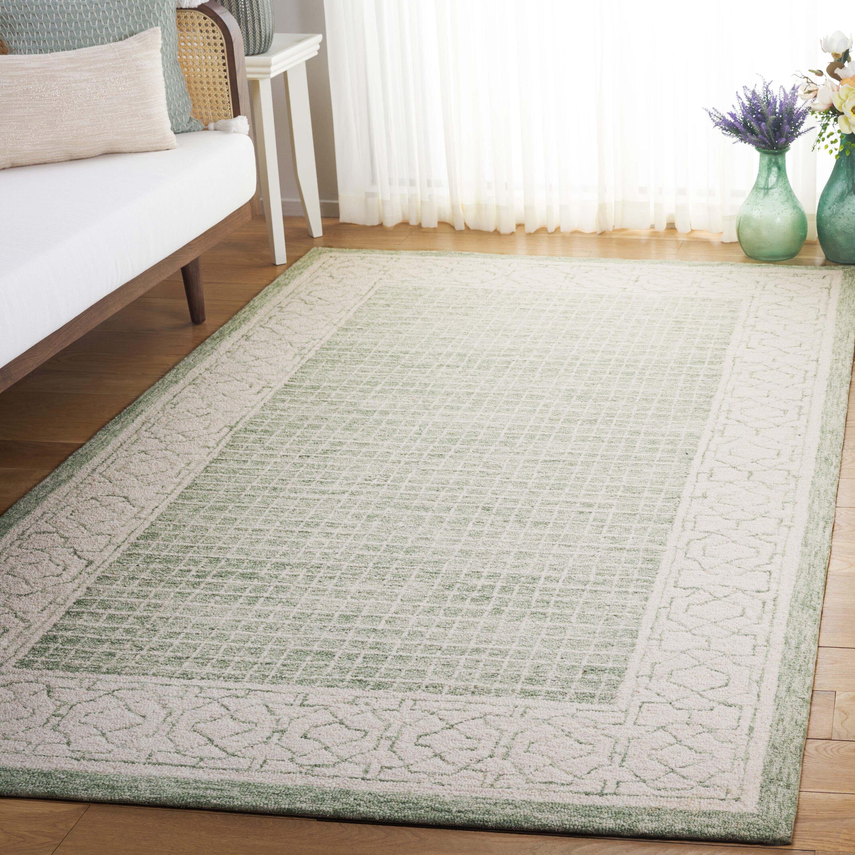 Ebony 8 x 10 (ft) Tufted Wool Green/Ivory Rectangular Indoor Geometric Mid-Century Modern Professionally Clean Only Area rug
