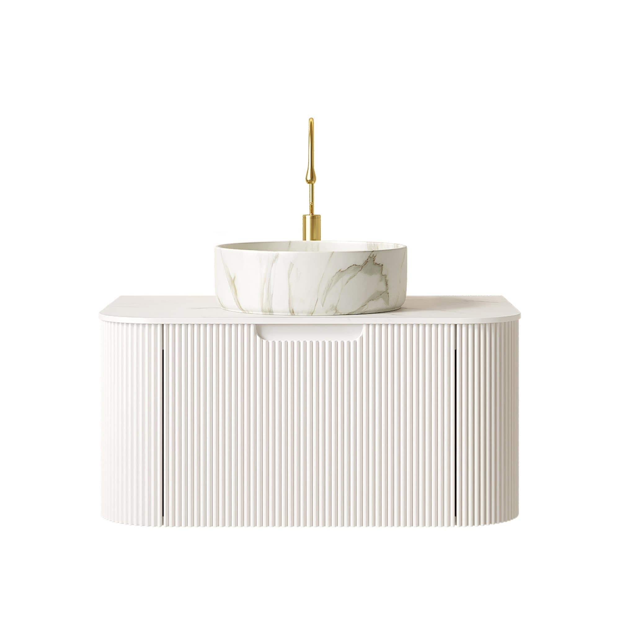 LIVACA - 30 inch White Matte Stone Bathroom Vanity with Curved Edges Striped Storage Plywood Cabi...