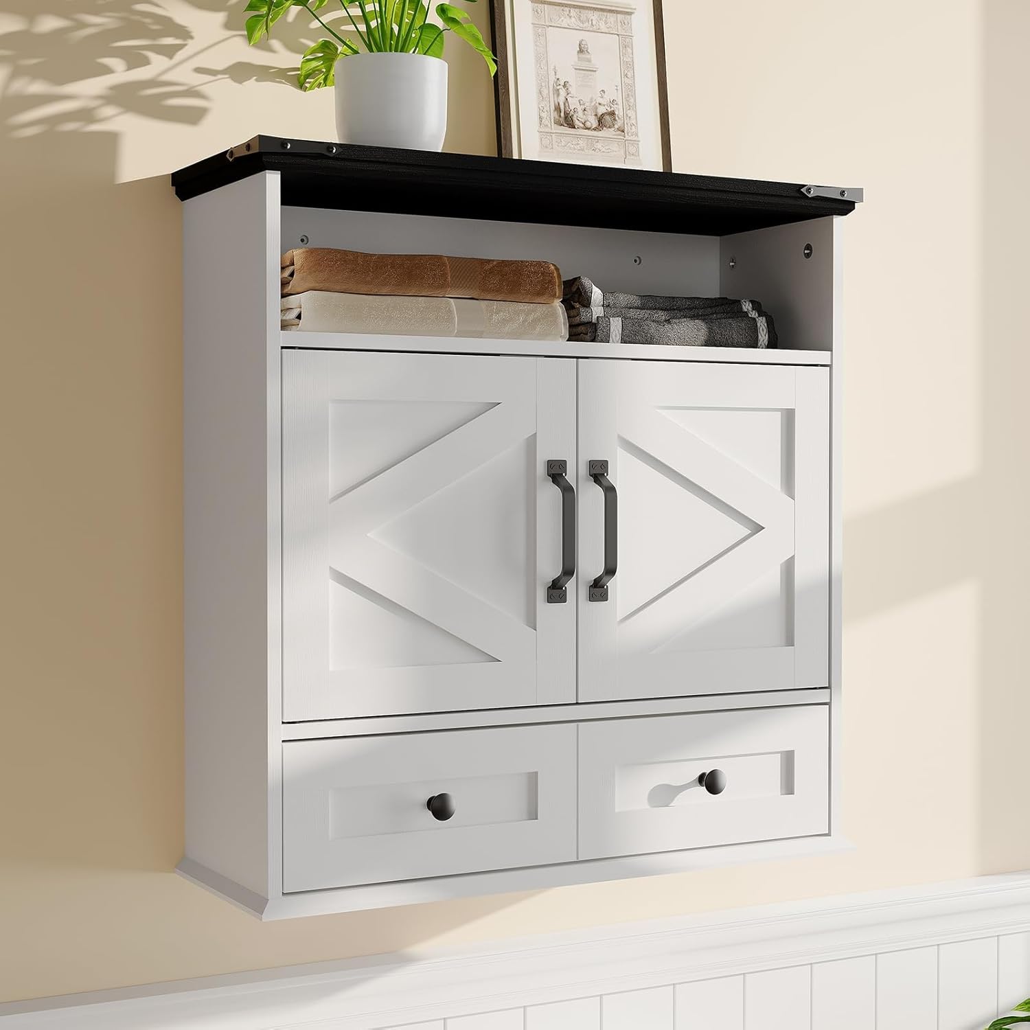 IdealHouse Bathroom Wall Cabinet Wall Mounted Cabinet with Double Barn Doors Adjustable Shelf and Drawer 24in x 8.6in x 25in Over Toilet Farmhouse Storage Cabinet for Kitchen Laundry Room with Drawer