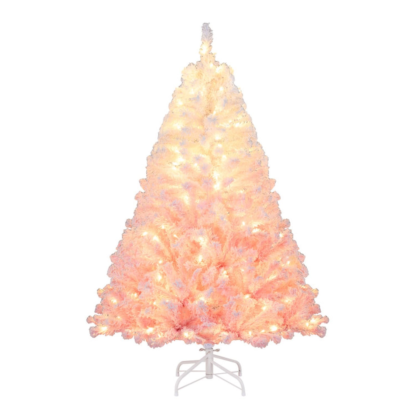 SUGIFT 5-ft White to Pink Gradient Pre-Lit Snow Flocked Artificial Christmas Tree with 456 Branch Tips 180 Warm White LED Lights 8 Lighting Modes Hinged 2-Section Trunk 16-in Folding Metal Stand and Gloves for Small Apartment and Kids Room Holiday Decor