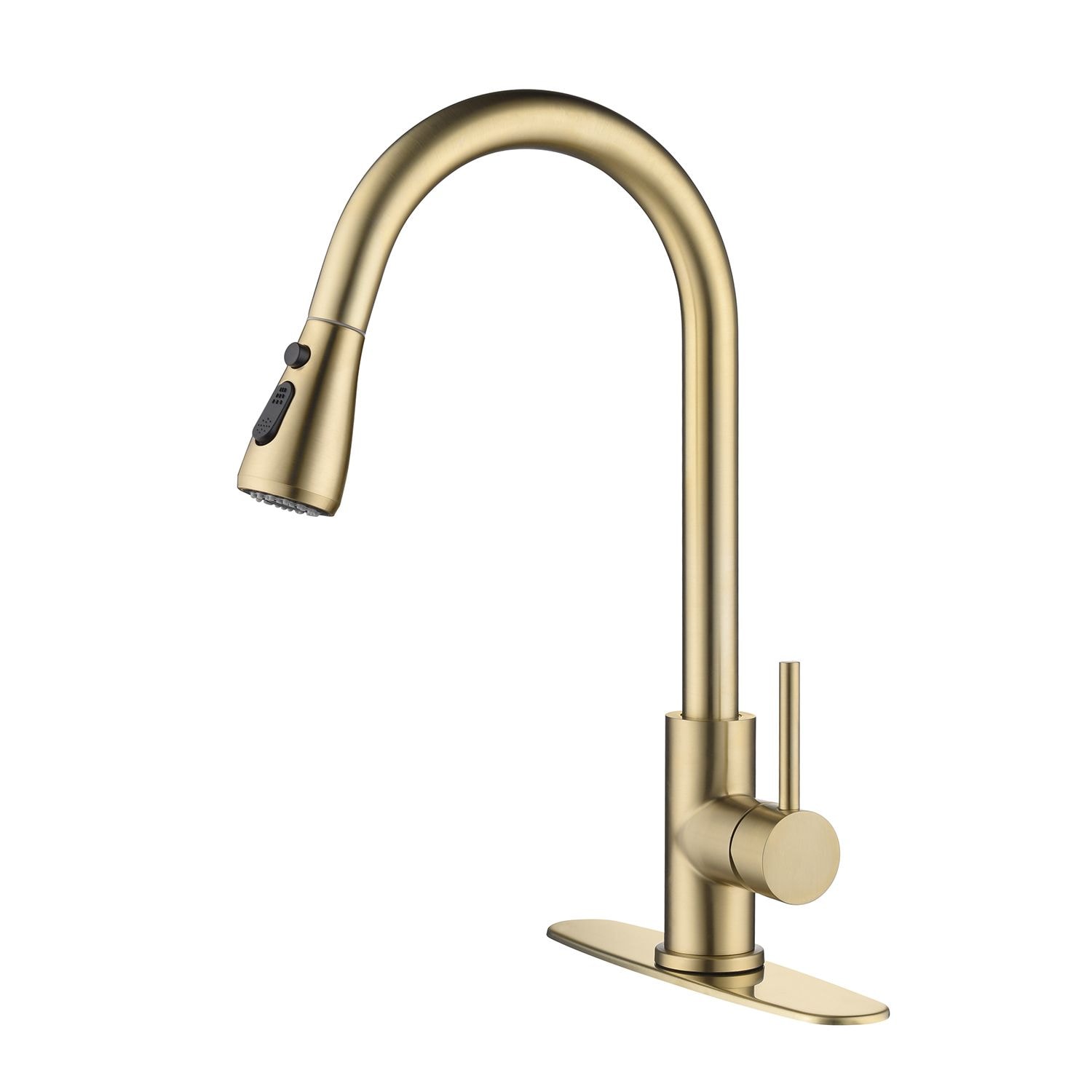 Slickblue Deck Mount Brushed Gold Pull-Down Kitchen Faucet with 1-Handle 360 Swivel Stream Spray and Pause Modes for Kitchen