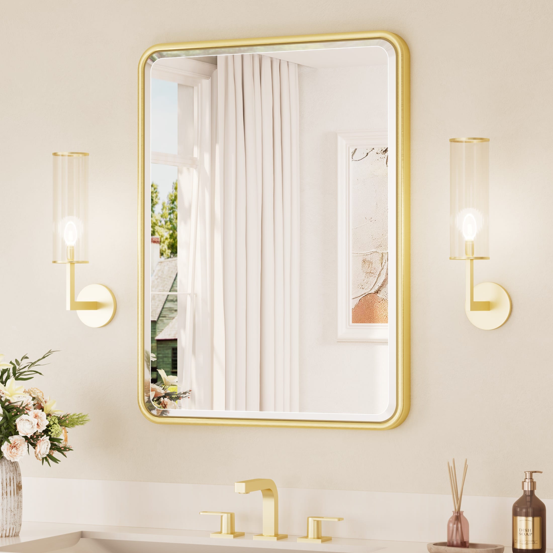 Keonjinn 24-in W x 32-in H Rectangle Brushed Gold Beveled Wall Mirror