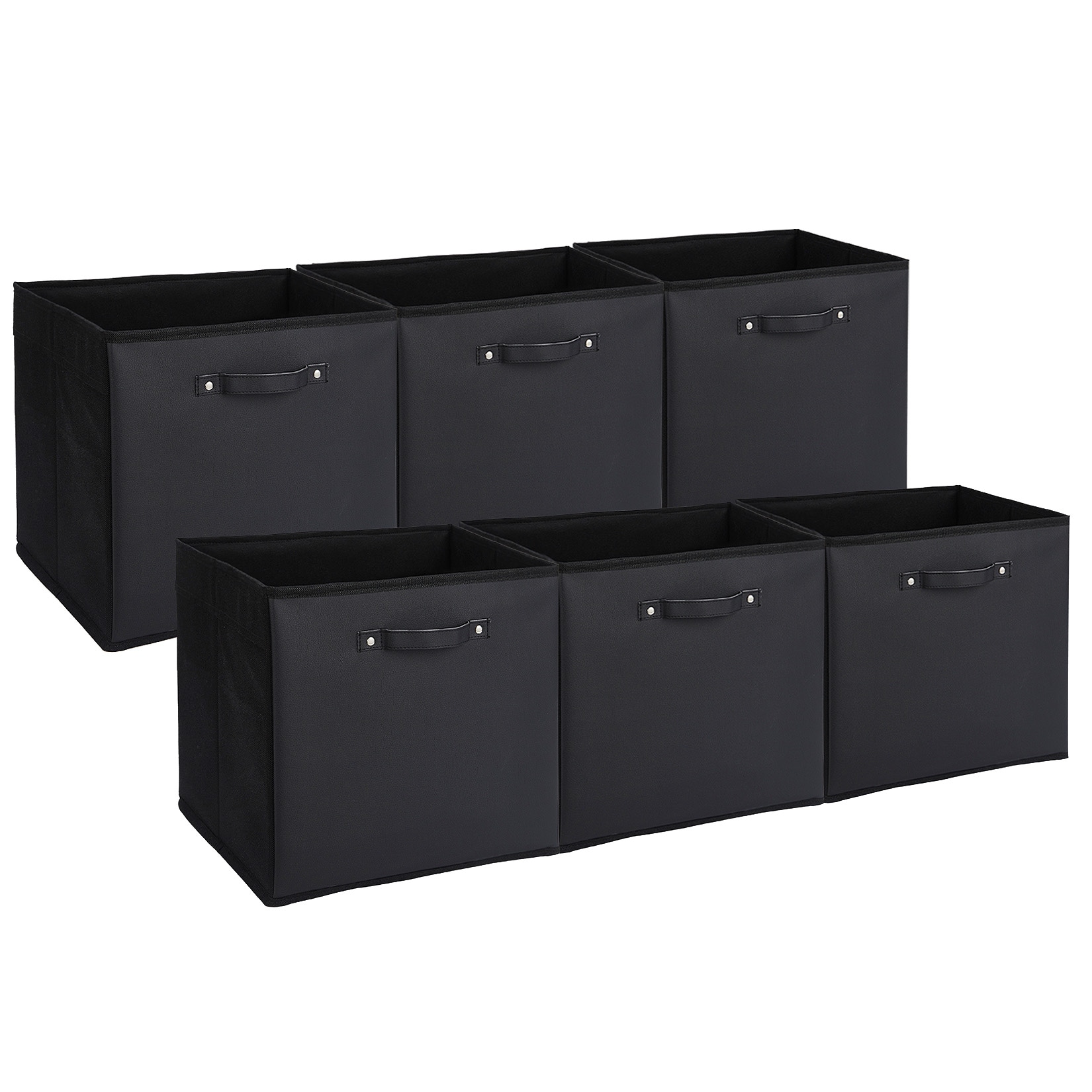 Aoile 6 Pack 13 Inch Fabric Storage Bins with Faux Leather Handles and Accents Black Foldable Cube Organizer Baskets Collapsible Storage Boxes for Shelves Closet Clothes Toys