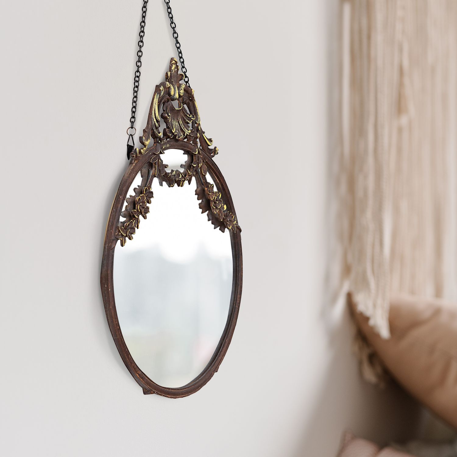 Oval Full Length Bronze and Wood Wall Mirror
