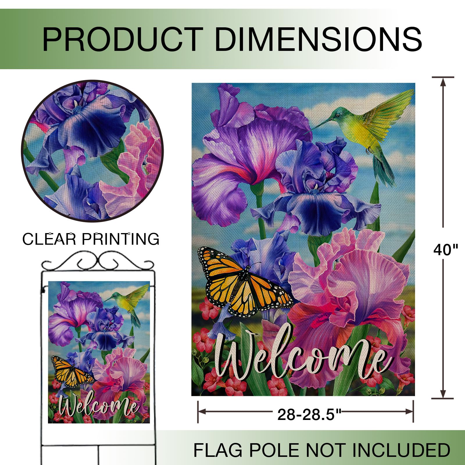 Afoxsos Welcome Spring Hummingbird Iris Garden Flag Double Sided Purple ...
