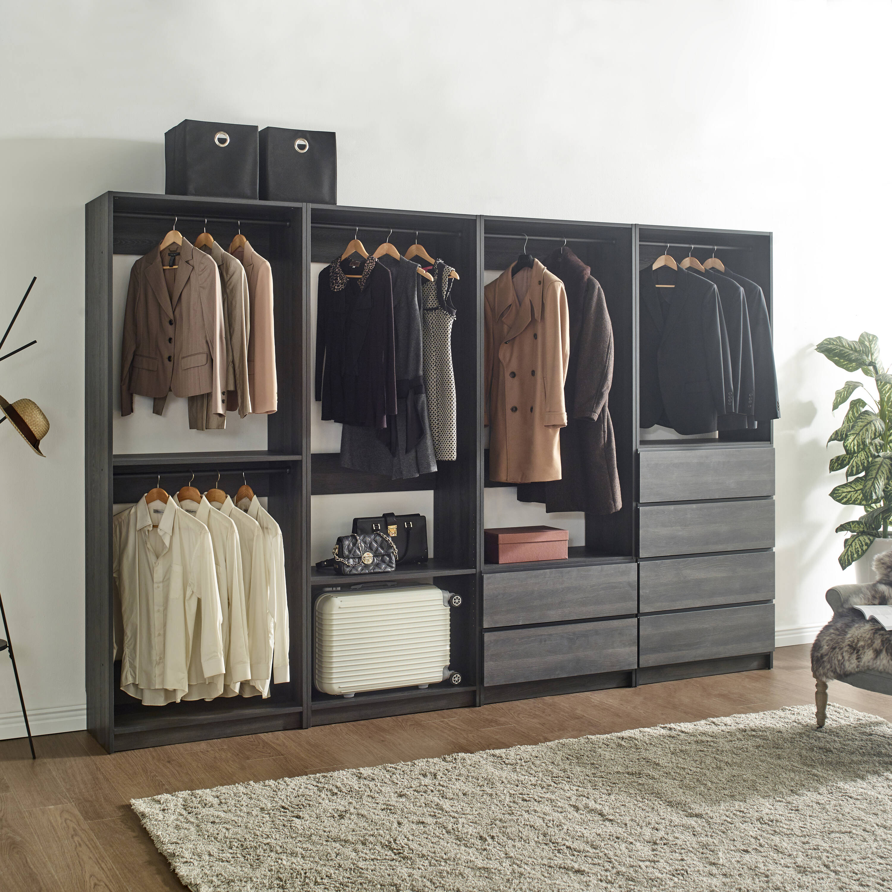 Klair Living PROSPER-ABCD BLK Prosper 10.46-Feet to 10.46-Feet W x 6.91-Feet H Dark Gray Solid Shelving Wood Closet System