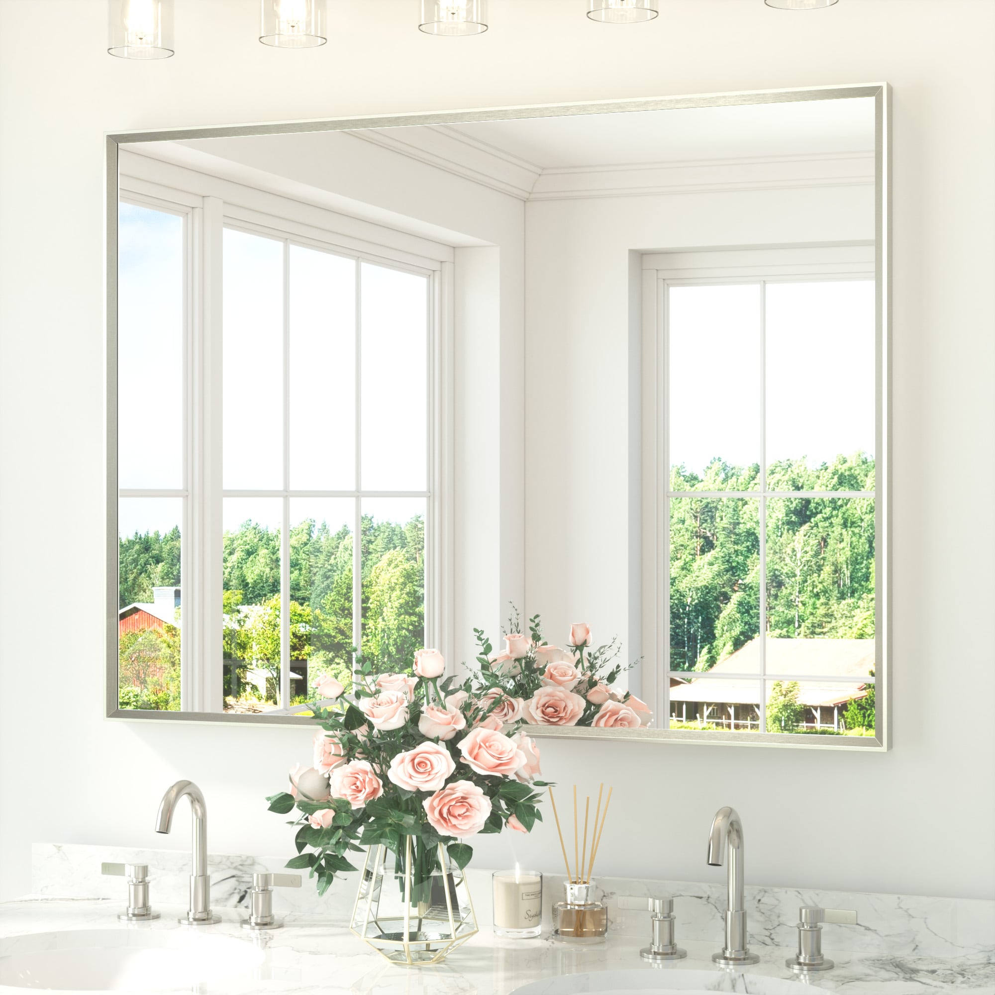 TETOTE 48x36 Inch Brushed Nickel Rectangle Beveled Framed Bathroom Vanity Mirror