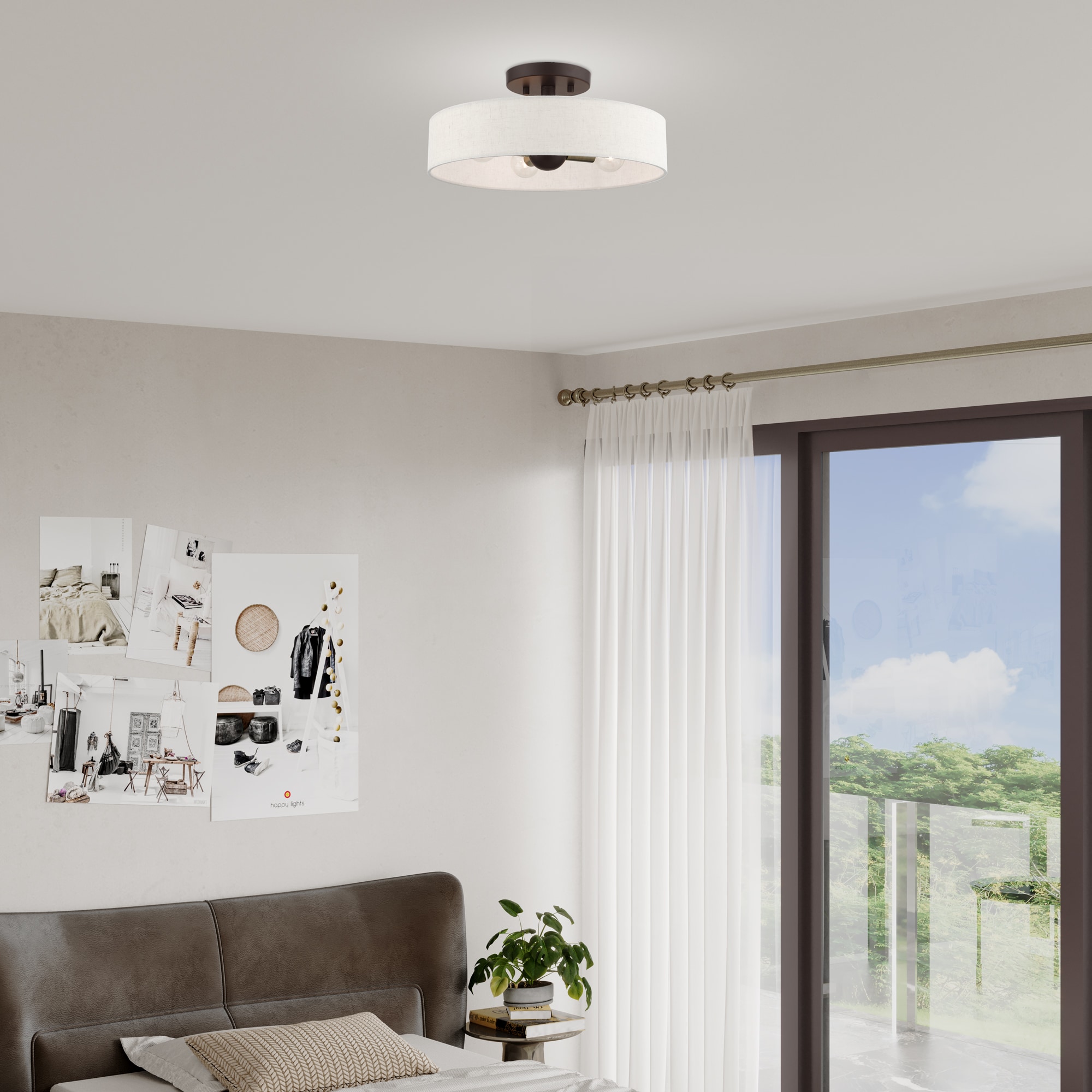 Bronze Antique Brass 4-Light Drum Semi-Flush Mount with Oatmeal Shade