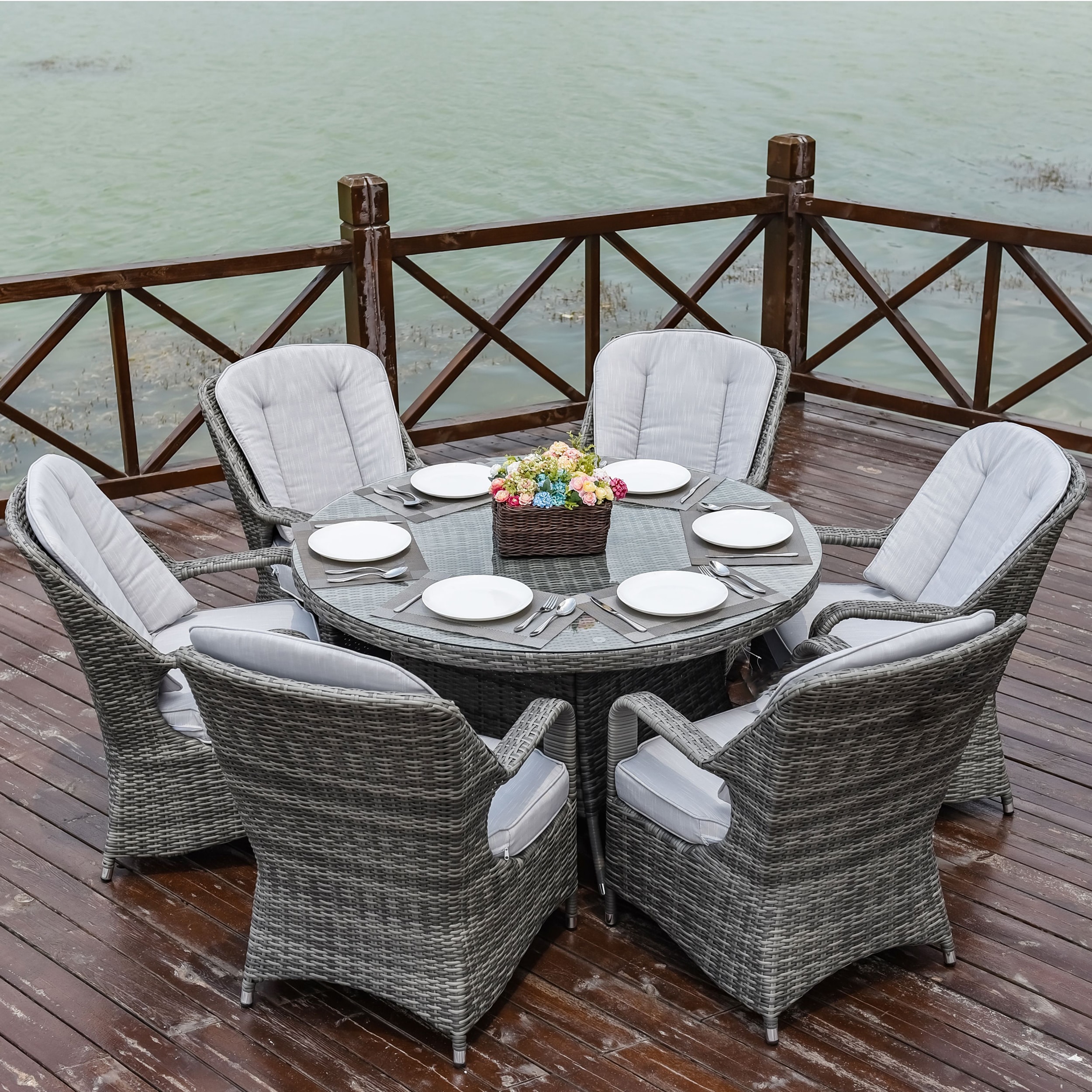 Moda Furnishings CMAD-1711-GR Lane 7 -Piece Black Wicker Patio Dining Set Wicker Round Table with 6 Gray Cushions Stationary Chairs