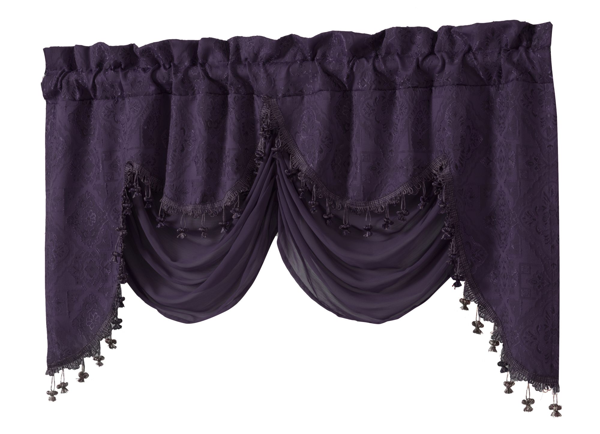 KATE AURORA Georgina Ultra Luxurious Raised Jacquard And Fringed Trimmed Austrian Window Valance 52 in W x 28 in L Purple