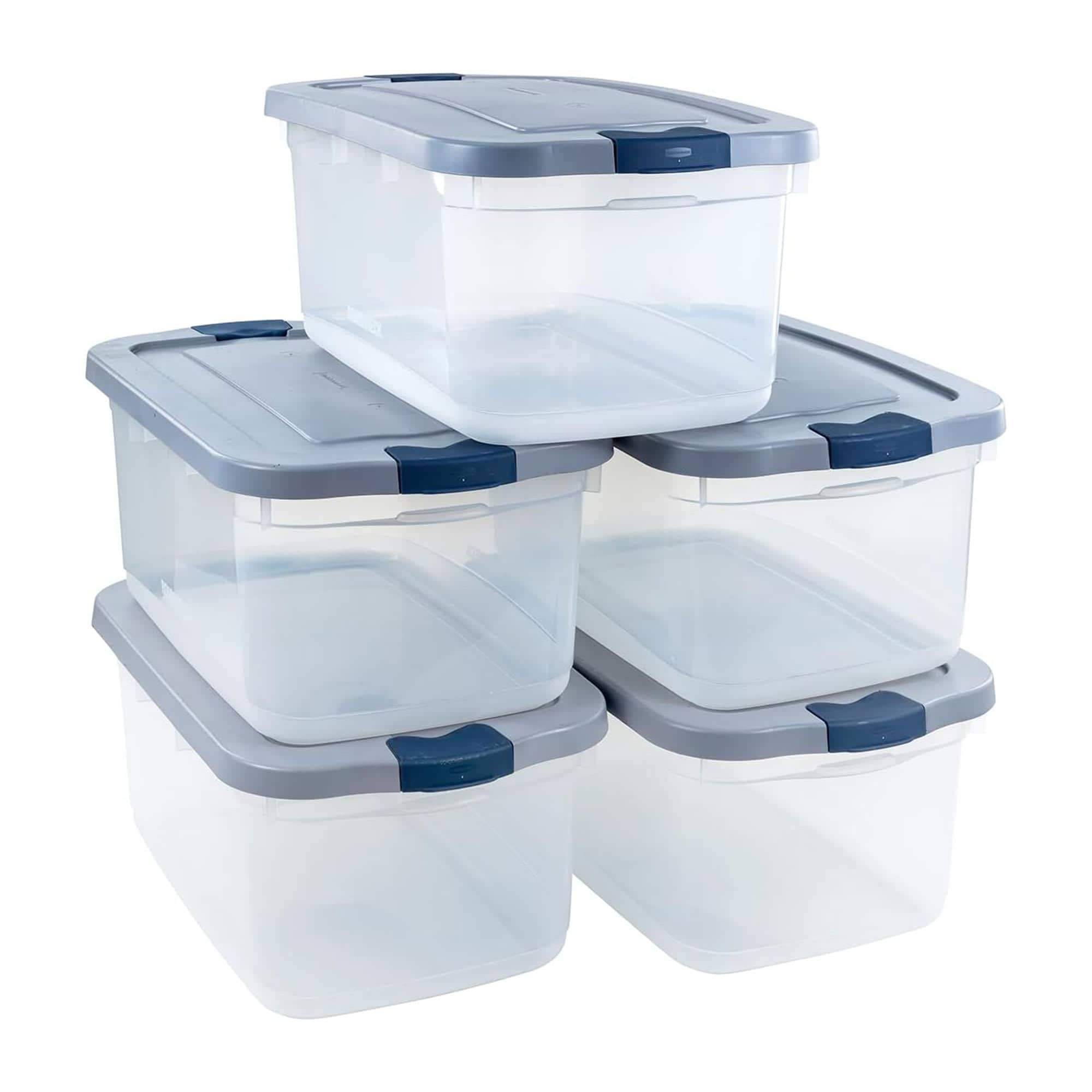 Rubbermaid 411887  Roughneck Clear 50 Qt Storage Containers are durable BPA free and perfect for organizing in garages or closets. With snap tight lids stackable design and clear bases they offer secure accessible storage.