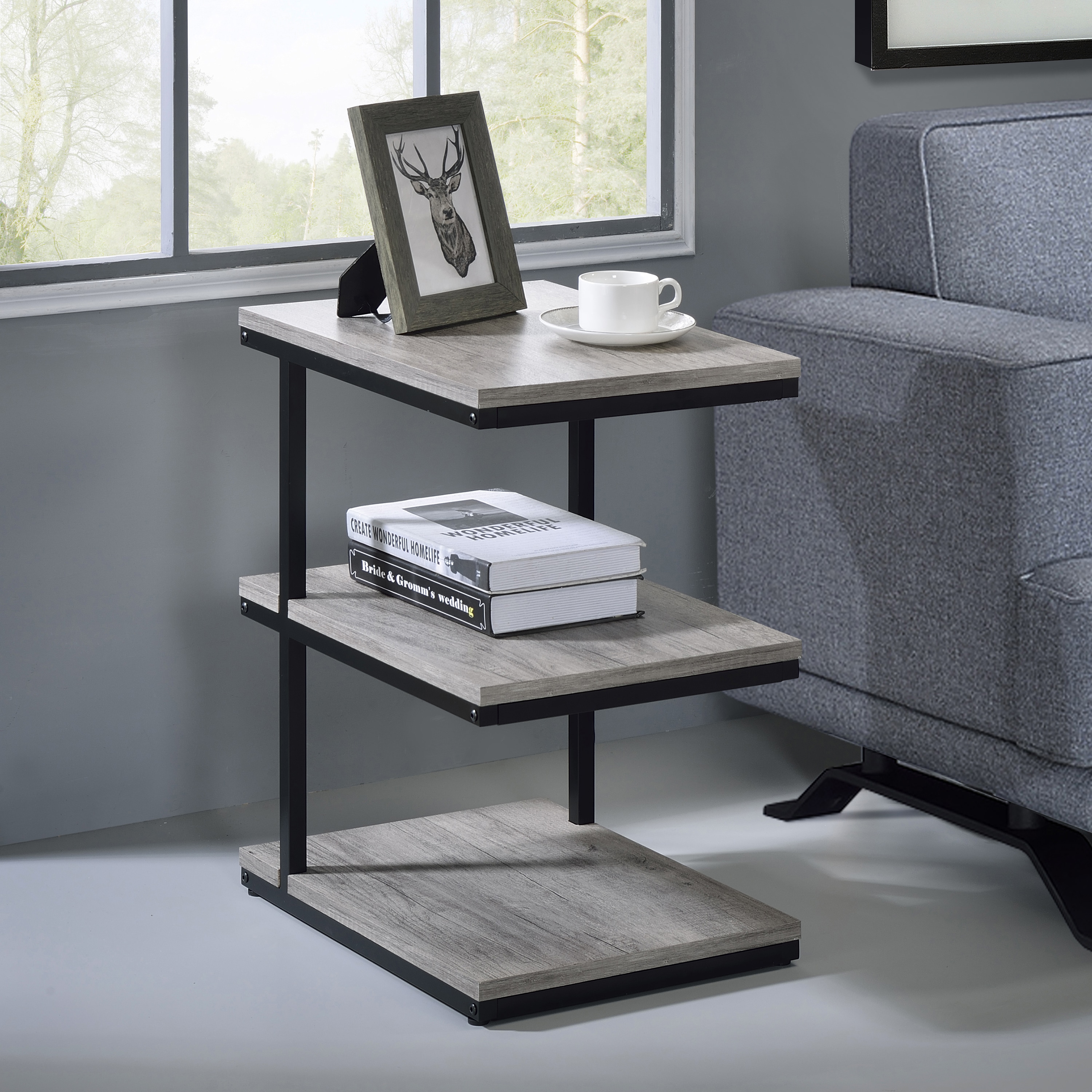 Furniture of America IDF-AC380LG Leong 19-in W x 24-in H Matte Black Coating and Light Gray Wood veneer Rectangular Modern End Table with Storage Assembly Required