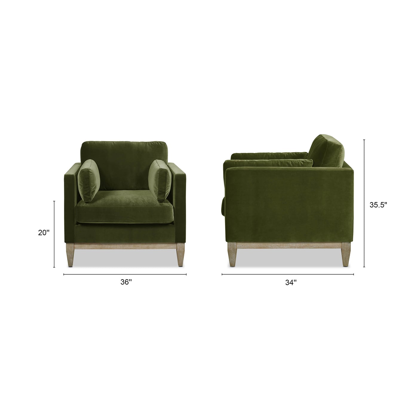 Olive Green Velvet Chaise with Wood Frame, 36"