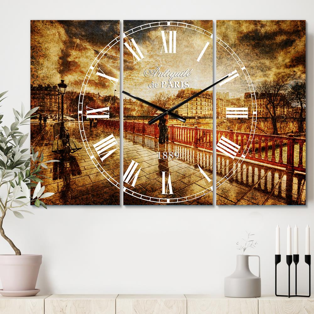'Bridge in Rain' Brown Metal Indoor Mid-century Rectangle Wall Clock - Oversized (23-in H and Up) - Battery-operated | - Designart CLM7322-3P