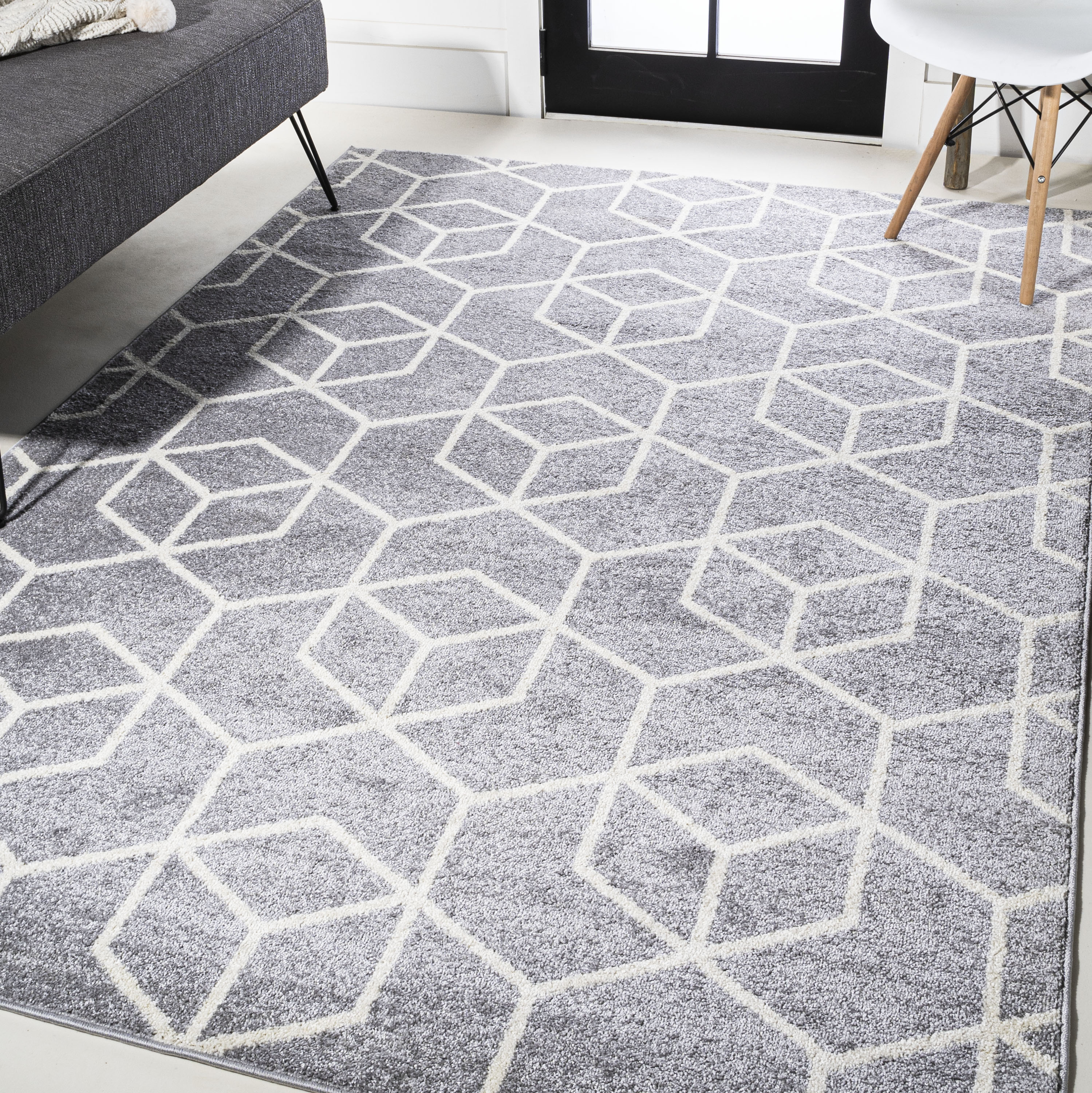 JONATHAN  Y SEU101G-8 SUPERSOFT Tumbling Blocks 8 x 10 (ft) Loomed Polypropylene Light Gray/White Rectangular Indoor Geometric Mid-Century Modern Area rug