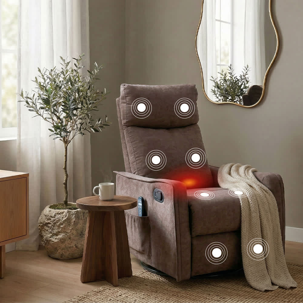 Coolbibila - Brown Fabric Manual Recliner Chair with Heat Massage Rocker and 360 Swivel Design fo...