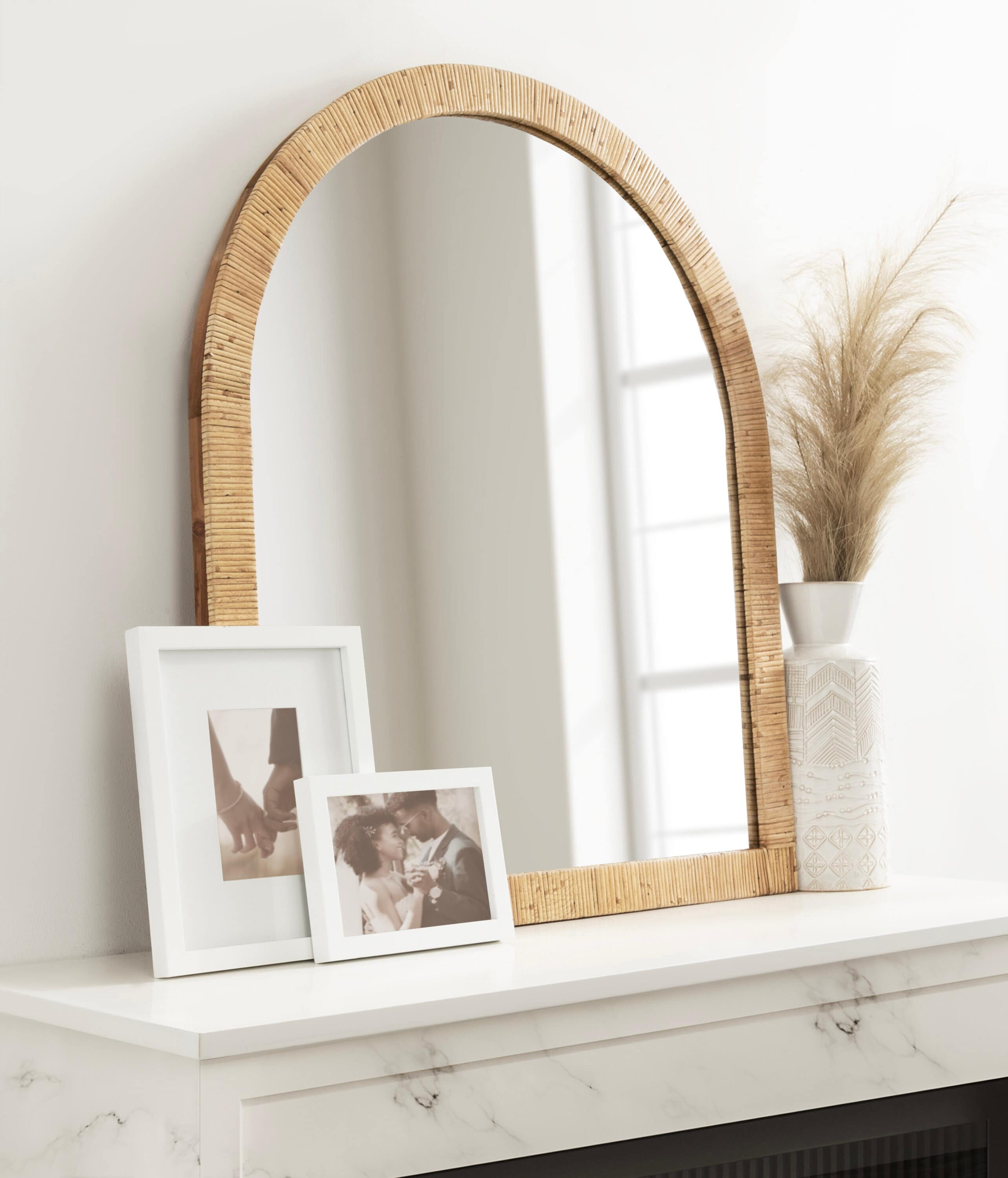 Natural Wood Boho Arch Rattan Wall Mirror, 28 x 32
