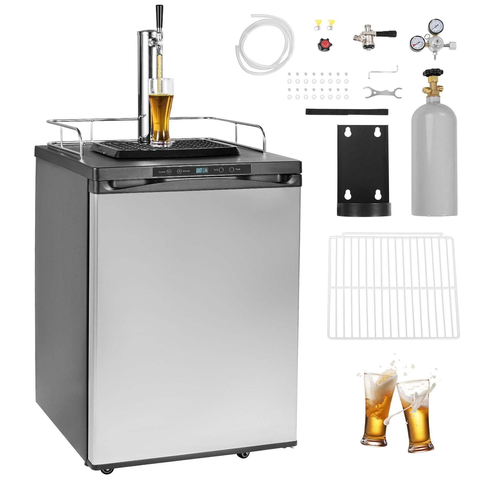 VEVOR SCDZSZPJYHS106334V1 Beer Kegerator Single Tap Draft Beer Dispenser Full Size Keg Refrigerator With Shelf CO2 Tank(No Gas) Drip Tray and Rail 23°F- 82.4°F Temperature Control 162L Silver