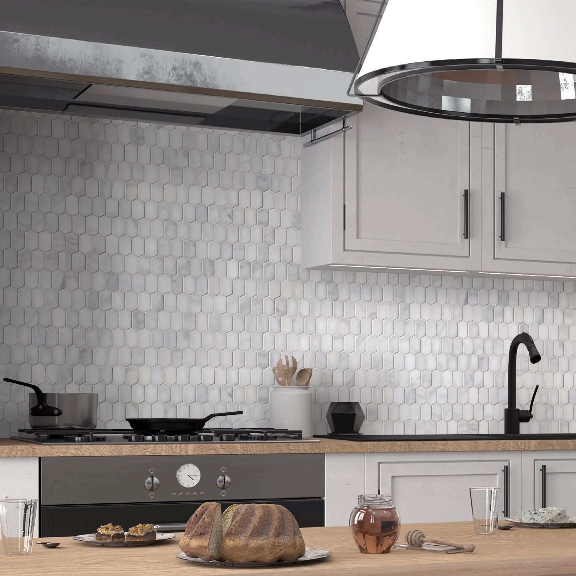 12" x 10" White Carrara Marble Hexagonal Mosaic Tile