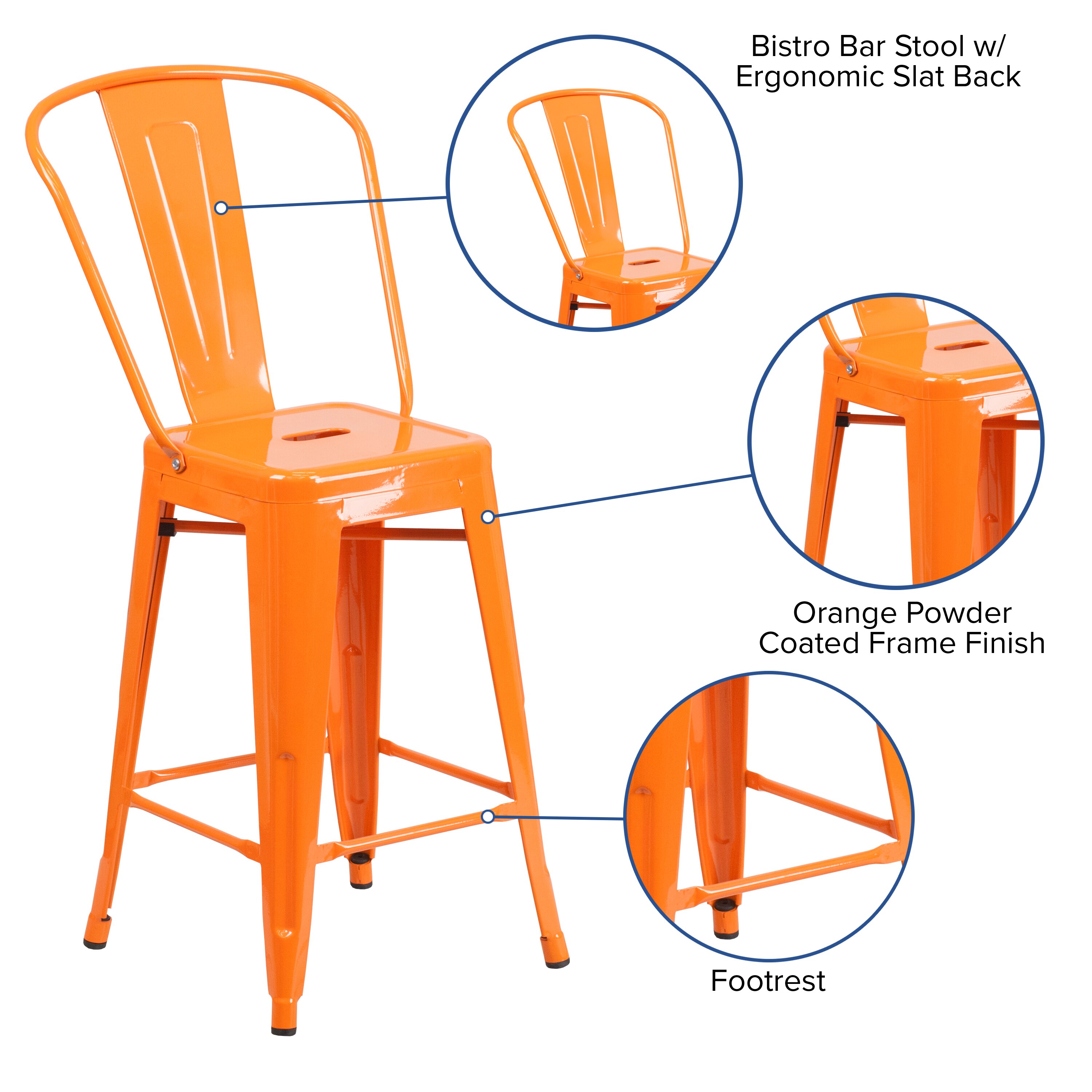 24" Orange Metal Indoor-Outdoor Counter Height Stool with Back