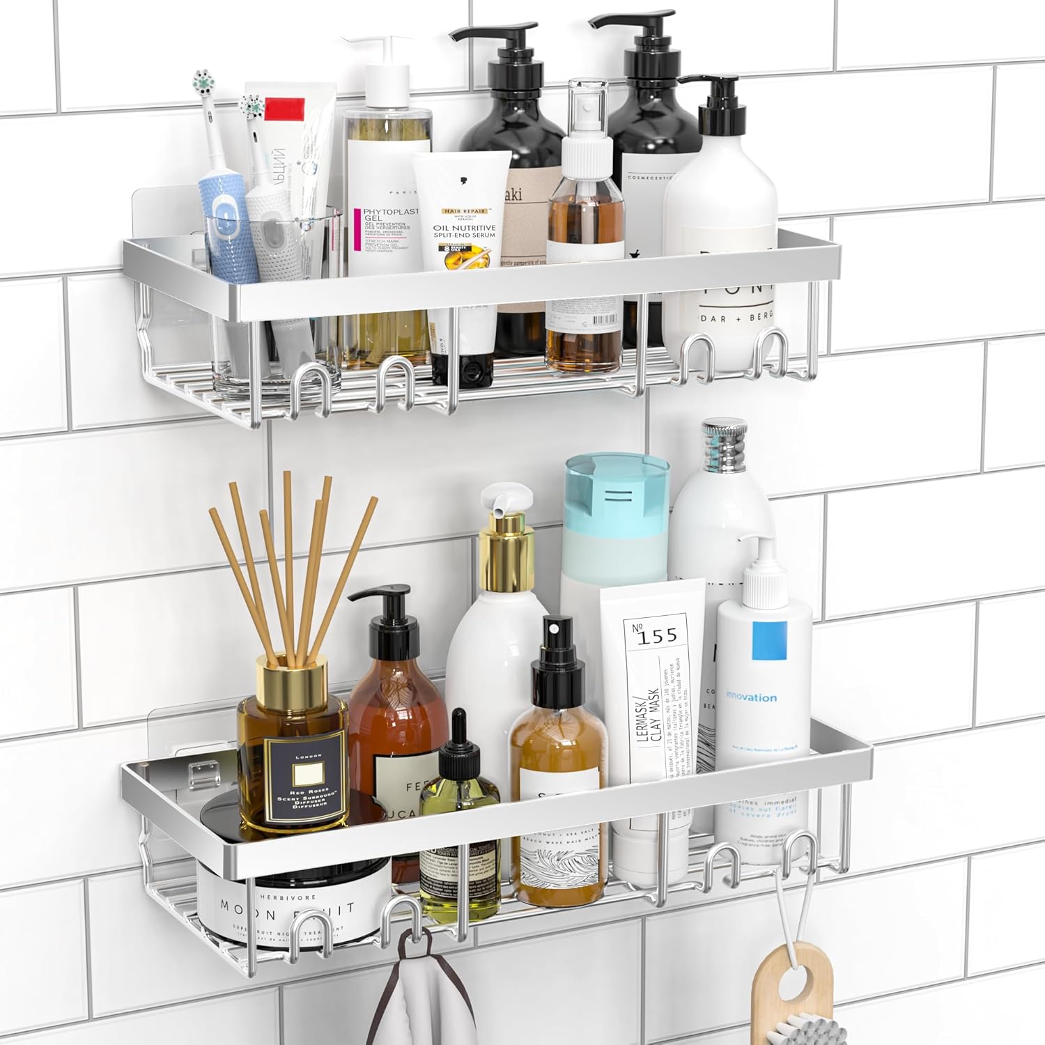 MOFOROCO  2 Pack Shower Caddy Shelf Organizer Rack Black Stainless Steel Rustproof Bathroom Shelves with Hooks No Drilling Self Adhesive Wall Mount Storage Basket for RV Kitchen Apartment and Home Farmhouse Decor