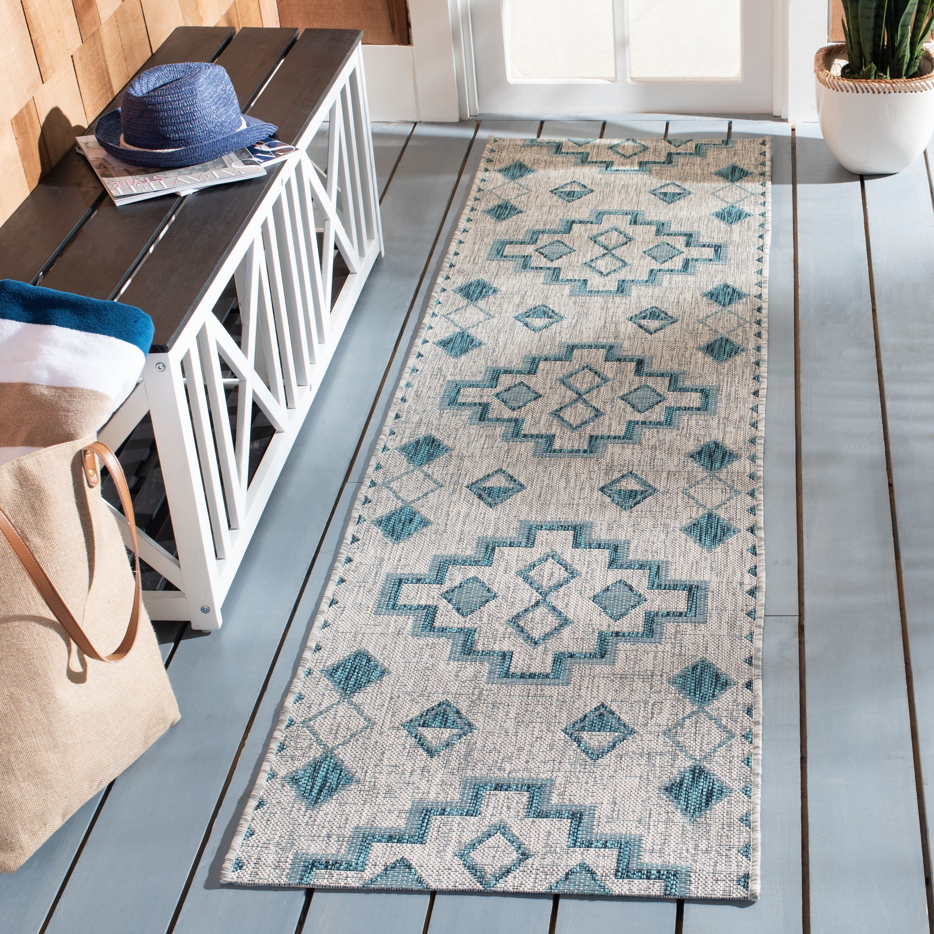 Safavieh CY8533-37212-28 Courtyard Tahoe 2 x 8 (ft) Loomed Polypropylene Gray/Teal Rectangular Indoor/Outdoor Geometric Coastal Runner rug