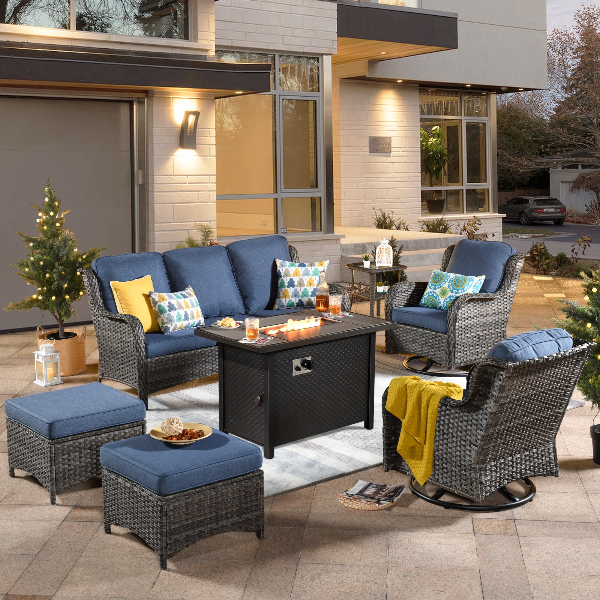 XIZZI GXCTRC3174-IFP Vesta 7 -Piece Rattan Patio Sofa Conversation Set with Blue Cushions