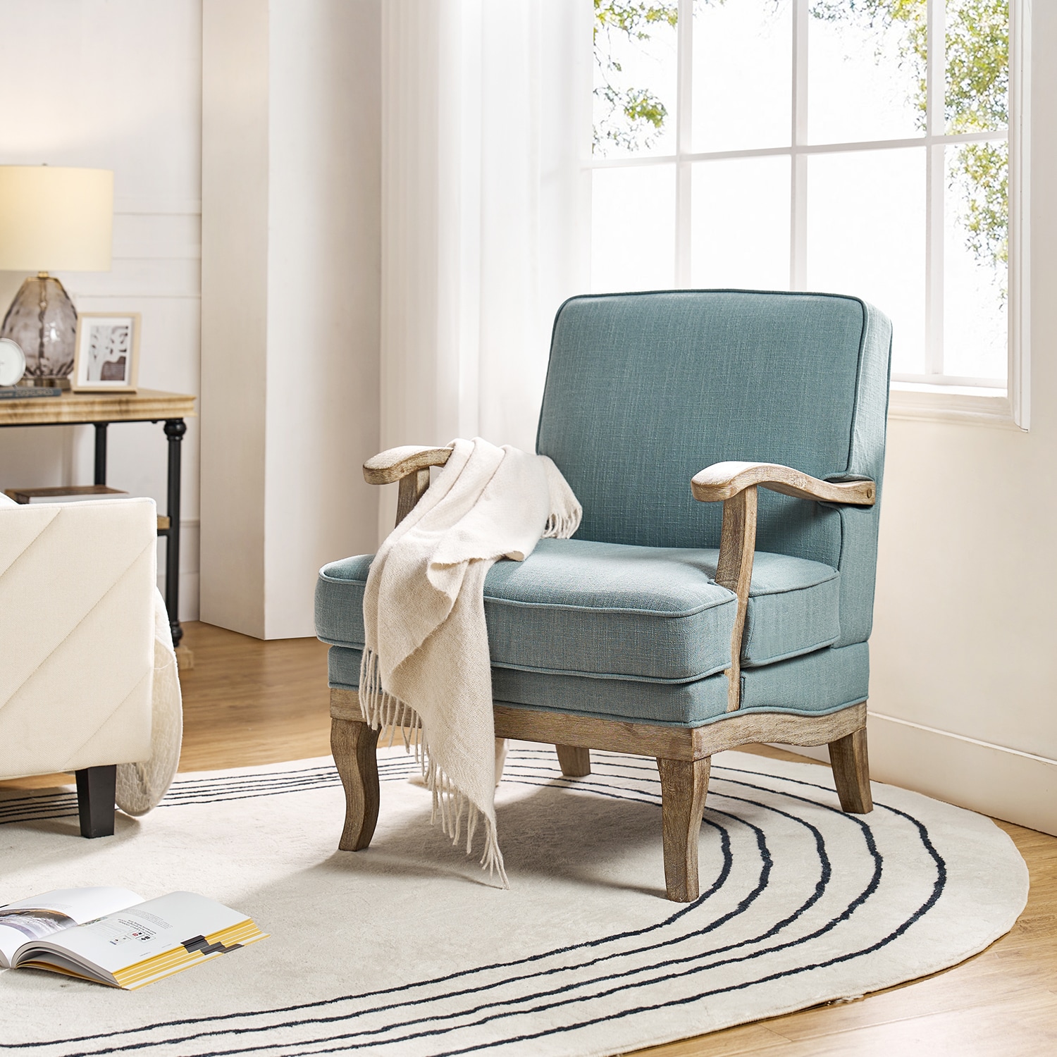 14 Karat Home Peppone 28-in W Farmhouse BLUE Linen Accent Armchair
