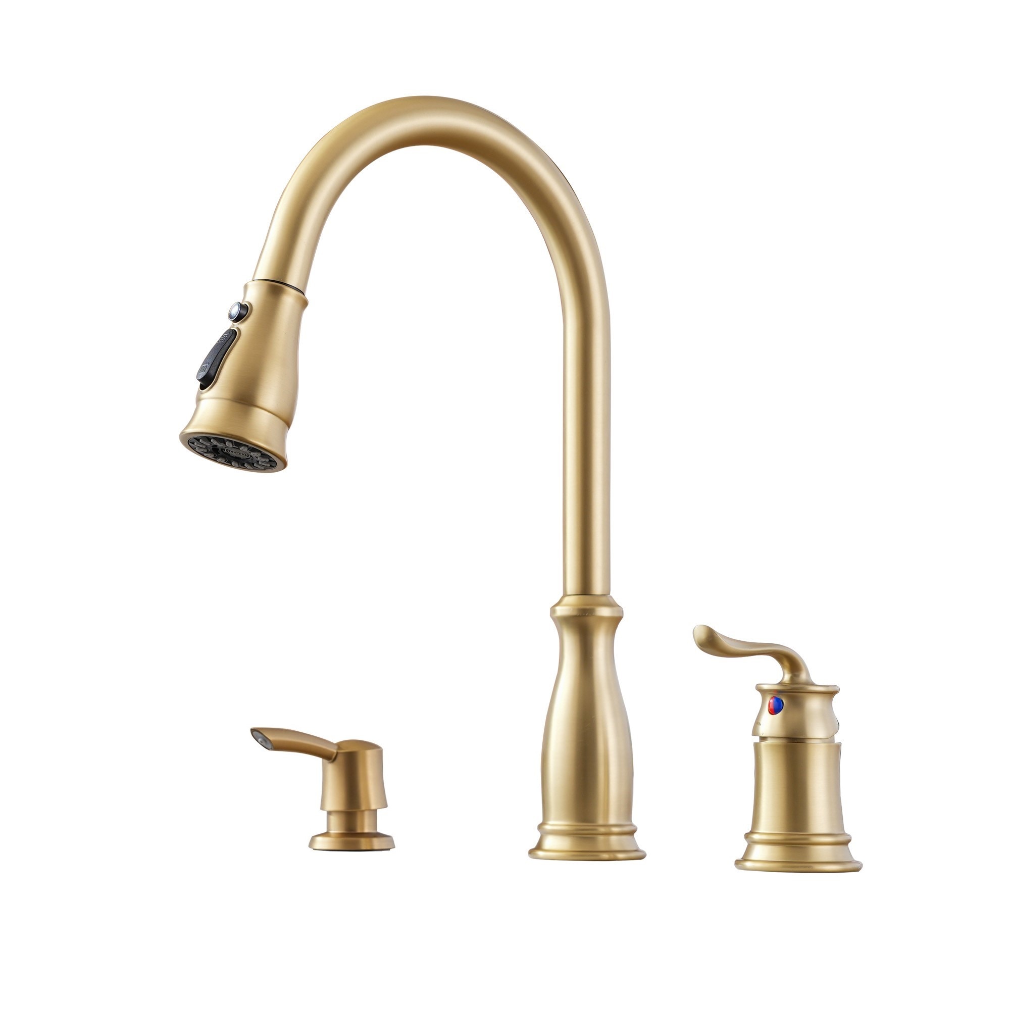 Mondawe MO-DT89001LSJ Brushed Gold Single Handle Deck-mount Pull-down Kitchen Faucet with Sprayer (Soap Dispenser Included)