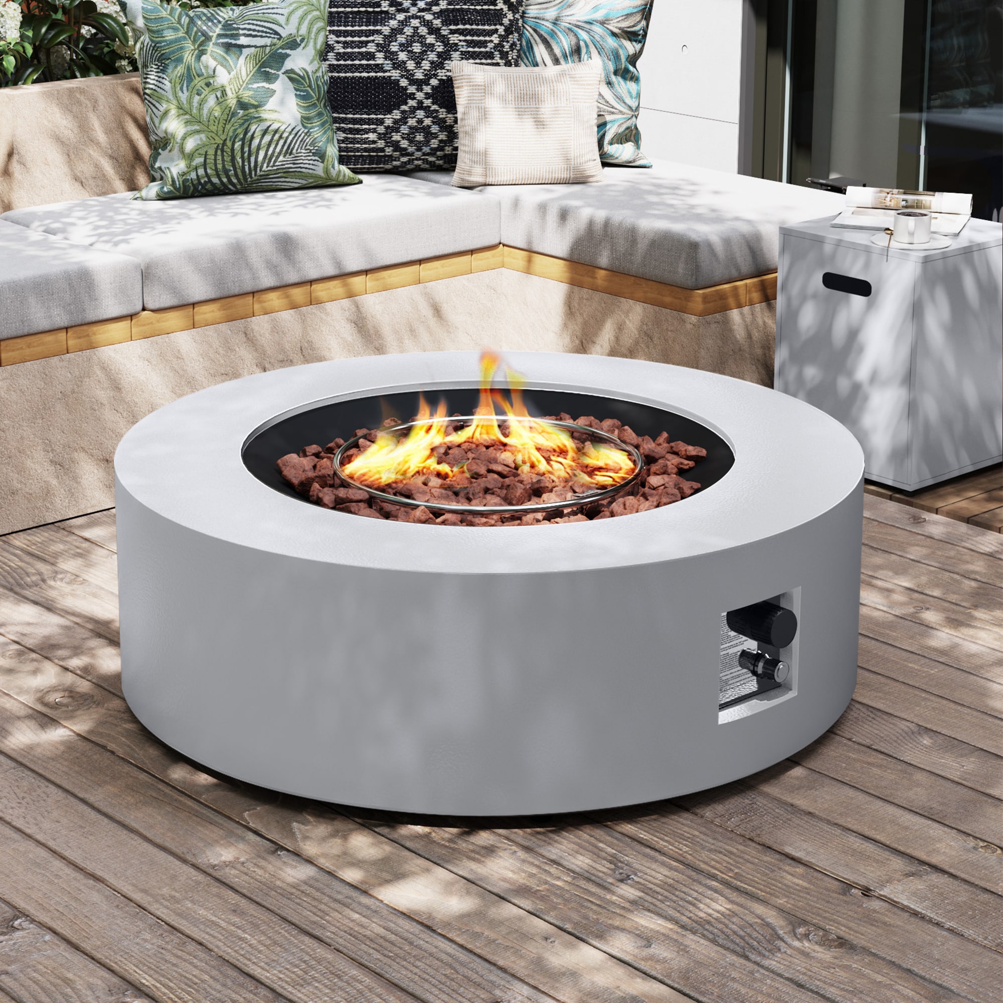 UPHA PL-42TPYX-WH-K Round Iron Gas Fire Pit Table with Propane Tank Cover 42-in W White Iron Round Liquid propane Fire pit table