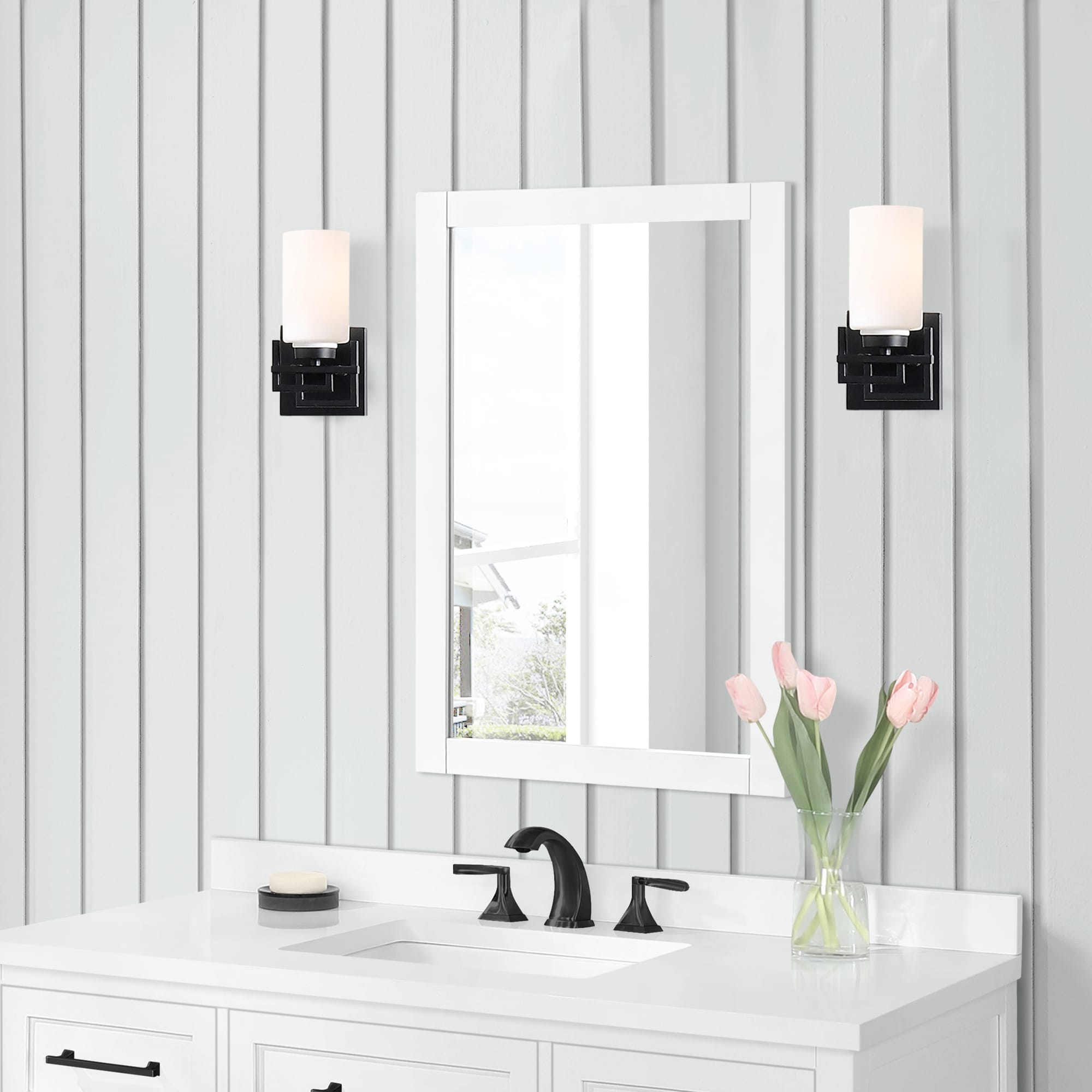 allen + roth Brinkhaven 20-in x 28-in White Framed Bathroom Vanity Mirror  in the Bathroom Mirrors department at