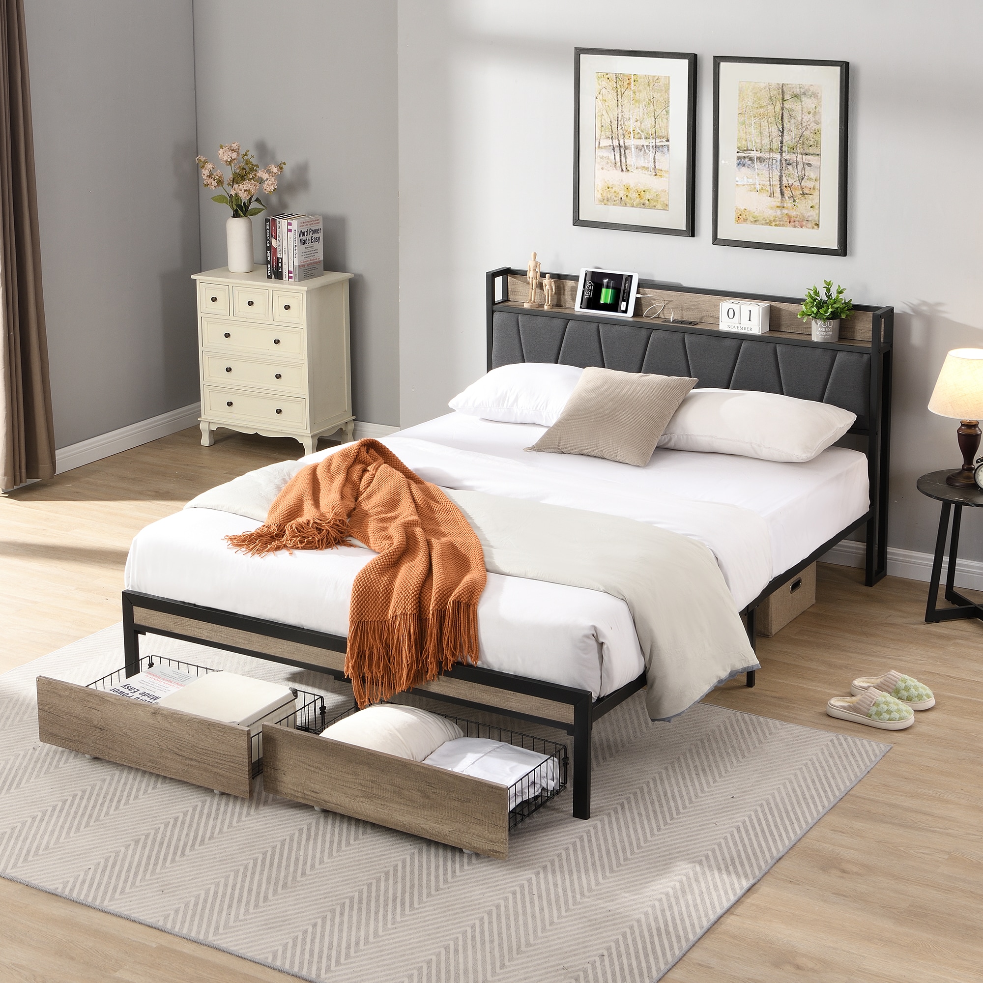 Blisstyle - Queen Size Metal Platform Bed Frame with Upholstery Storage Function Headboard and US...